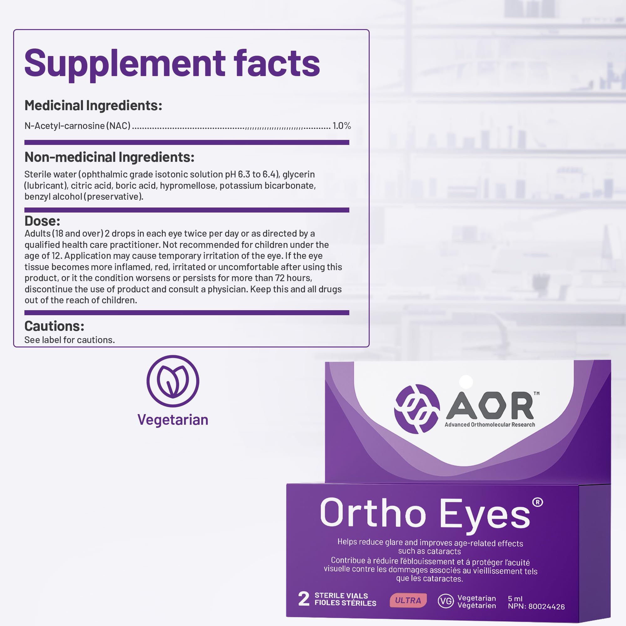 AOR Ortho Eyes 2x5ml - Gouttes oculaires NAC N-Acétyl-Carnosine pour une vision claire, supplément oculaire pour la sensibilité à la lumière - Hydrate et rafraîchit les yeux secs, favorise la clarté visuelle et le confort oculaire