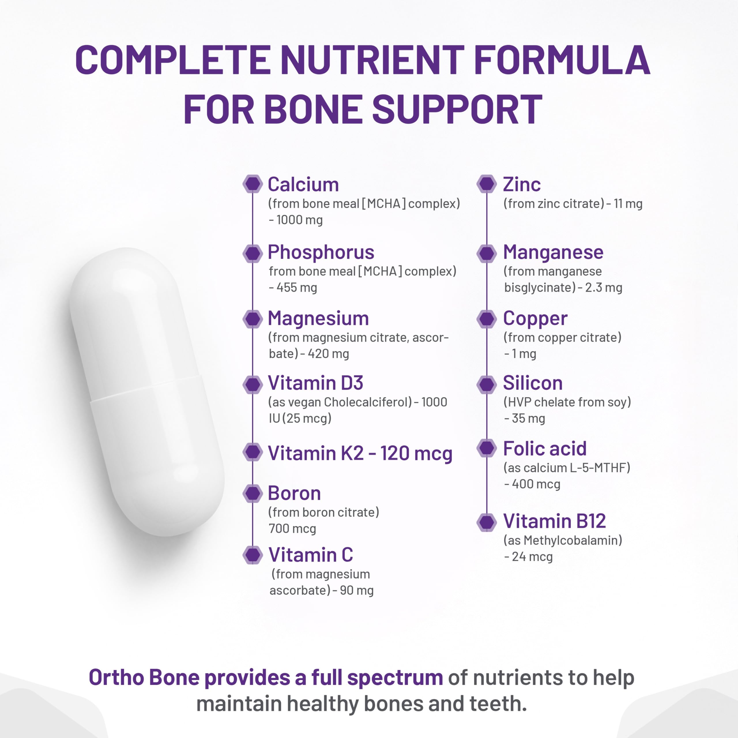 AOR Ortho Bone avec complexe MCHA 202 mg 300 gélules, approvisionnement de 1 mois - Complément de soutien osseux pour des os solides et une bonne densité - Sans gluten et sans OGM - Mélange avancé de minéraux et de nutriments pour la santé osseuse