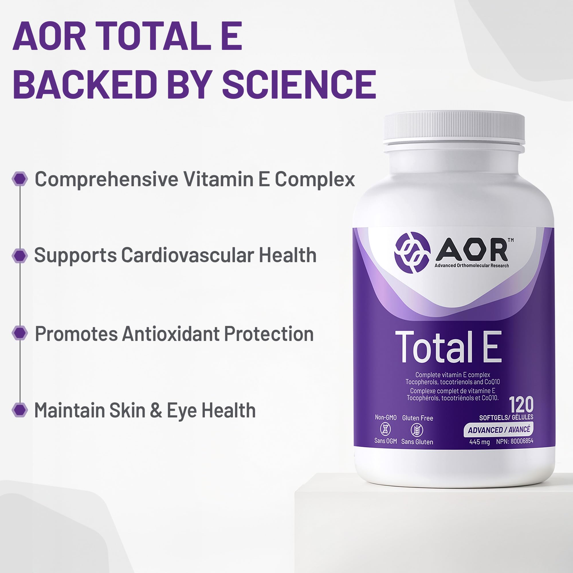 AOR Total E 445 mg, 60 gélules – Cure de 60 jours – Supplément de vitamine E avec tocotriénols et coenzyme Q10 ubiquinol CoQ10 – Soutien cardiovasculaire et antioxydant – Vitamine E8 pour la peau, le visage et les cheveux