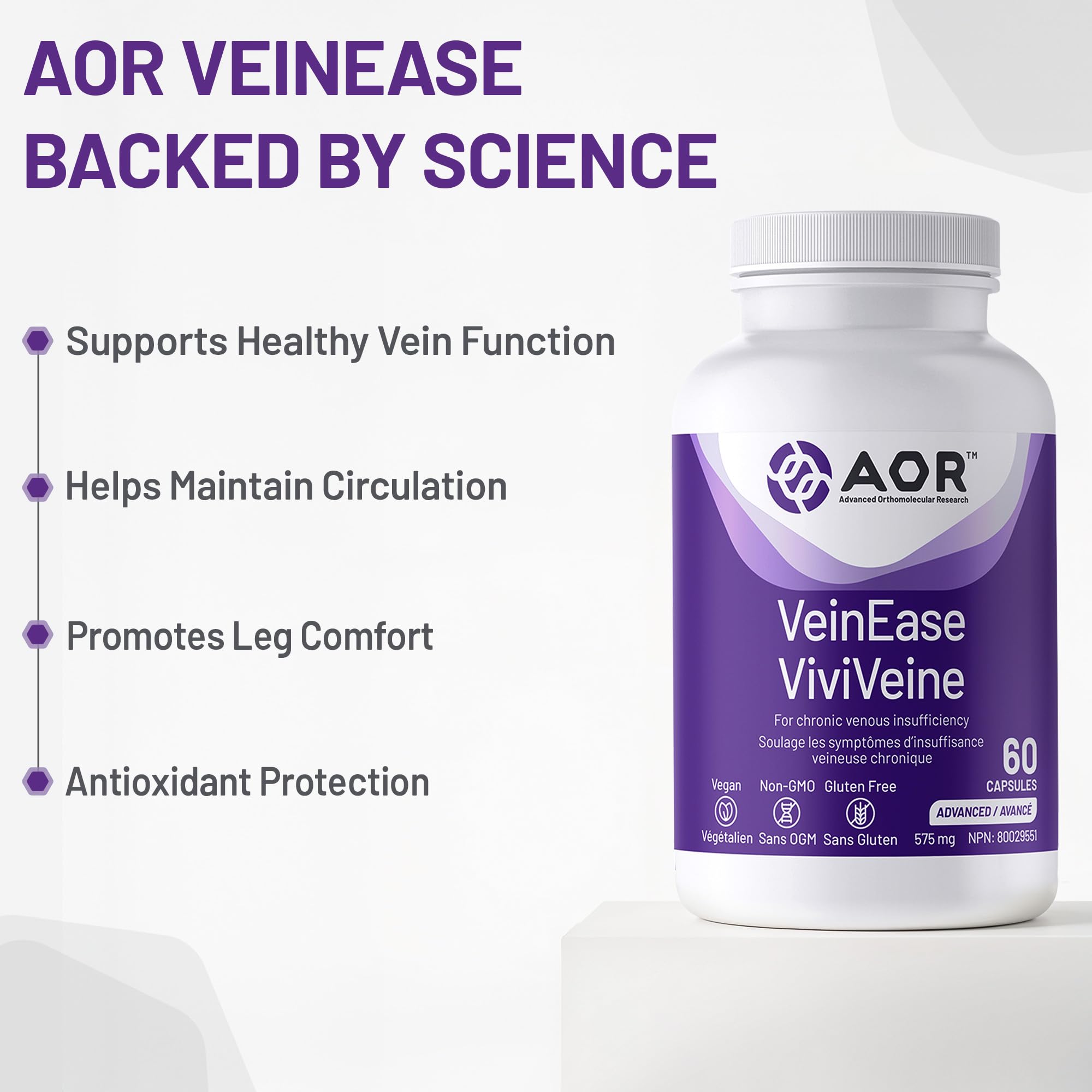 AOR VeinEase 575mg, 60 Vegan Caps 30-Day Supply - Diosmin Hesperidin Supplement, Vitis Vinifera & Grape Seed Extract for Comfortable Legs, Promotes Healthy Vein Function - Vegan, Non-GMO & Gluten-Free