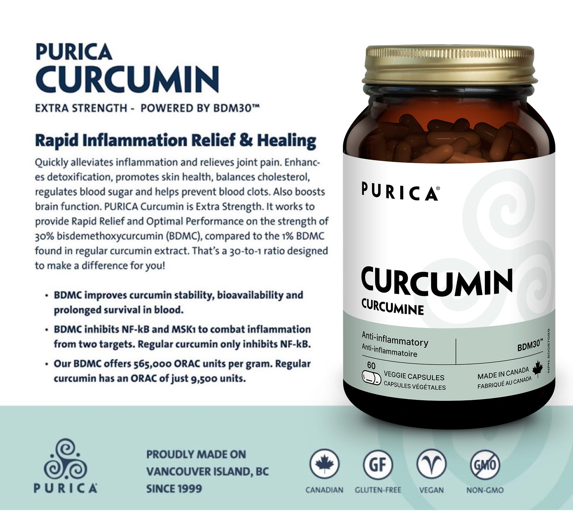 PURICA - Curcumin - Force supplémentaire - 30% BDMC - Vitamines pour la peau, Suppléments pour la santé du cerveau