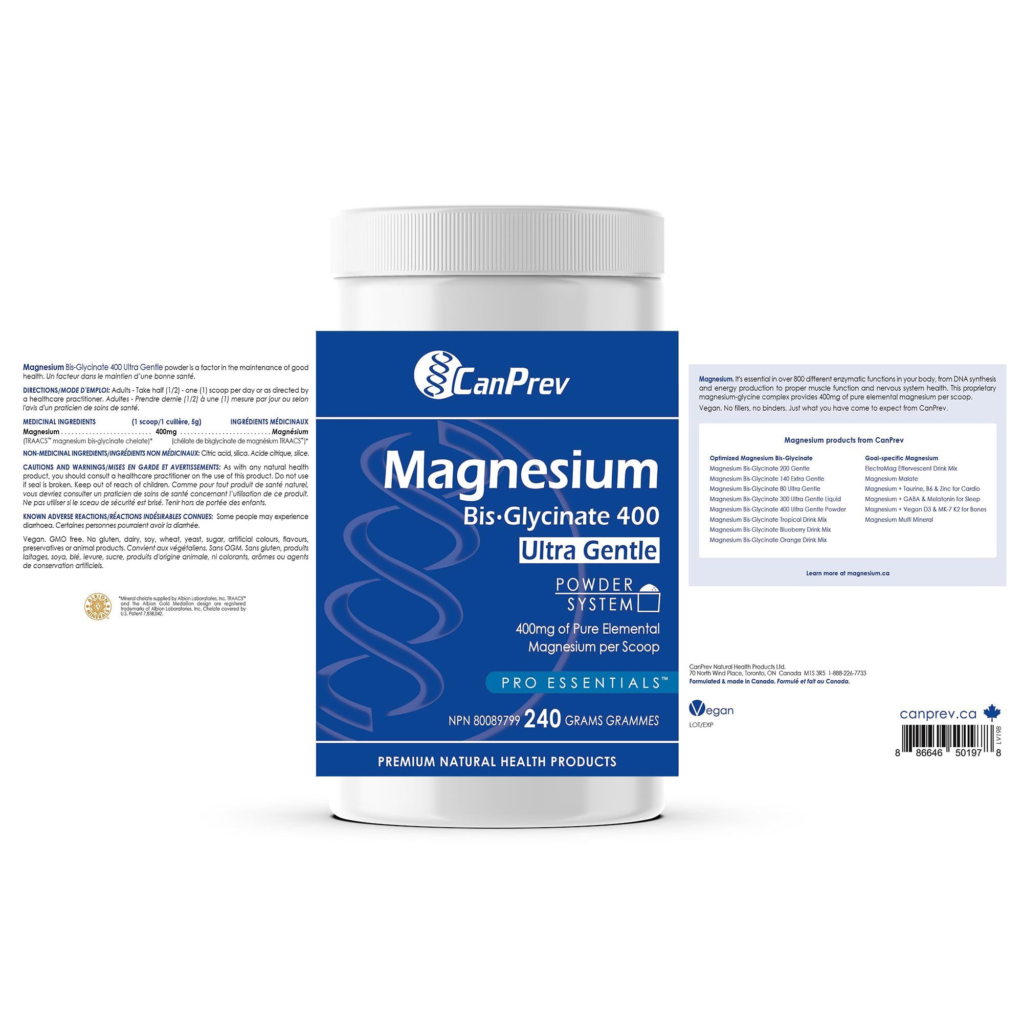 CanPrev Magnesium Bisglycinate Ultra Gentle 240g Powder 48-Servings - 400mg of Pure Elemental Magnesium Per Scoop - Chelated Complex - Muscle Health, Calm, Relaxation, Bone Health and Cramp Relief