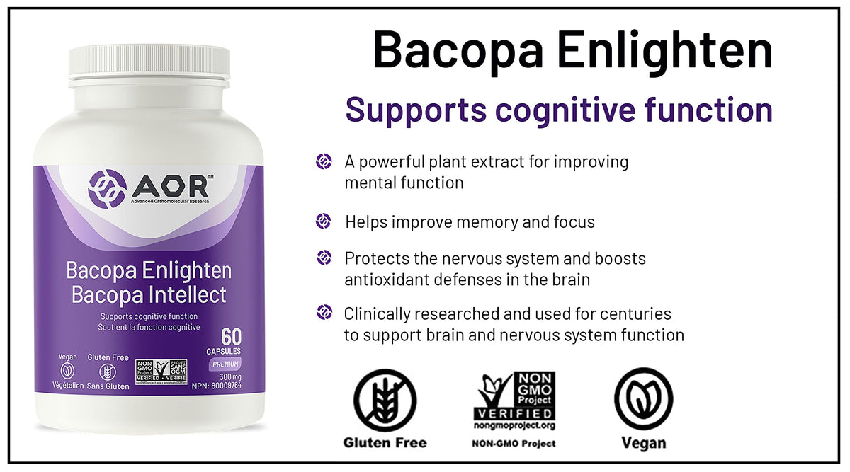 AOR Bacopa Monnieri Capsules, 300 mg, 50% Bacosides A&B, 60 Pack