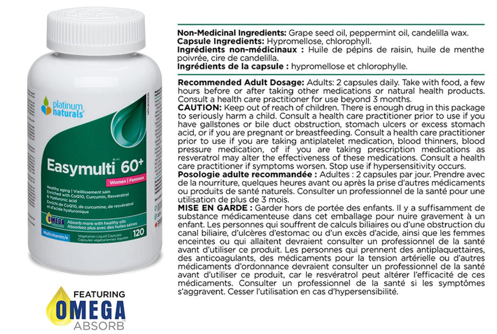 Platinum Naturals Easymulti 60+ for Women - Comprehensive Multivitamin with CoQ10, Omega & Fish Oil for Heart Health, Enhanced with Calcium, Vitamin D3 & B Complex for Immune Support