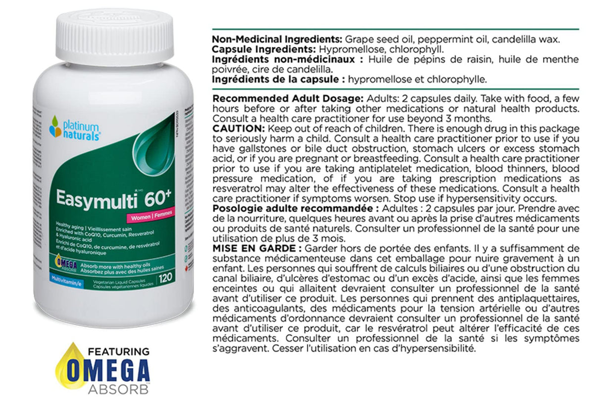 Platinum Naturals Easymulti 60+ for Women - Comprehensive Multivitamin with CoQ10, Omega & Fish Oil for Heart Health, Enhanced with Calcium, Vitamin D3 & B Complex for Immune Support