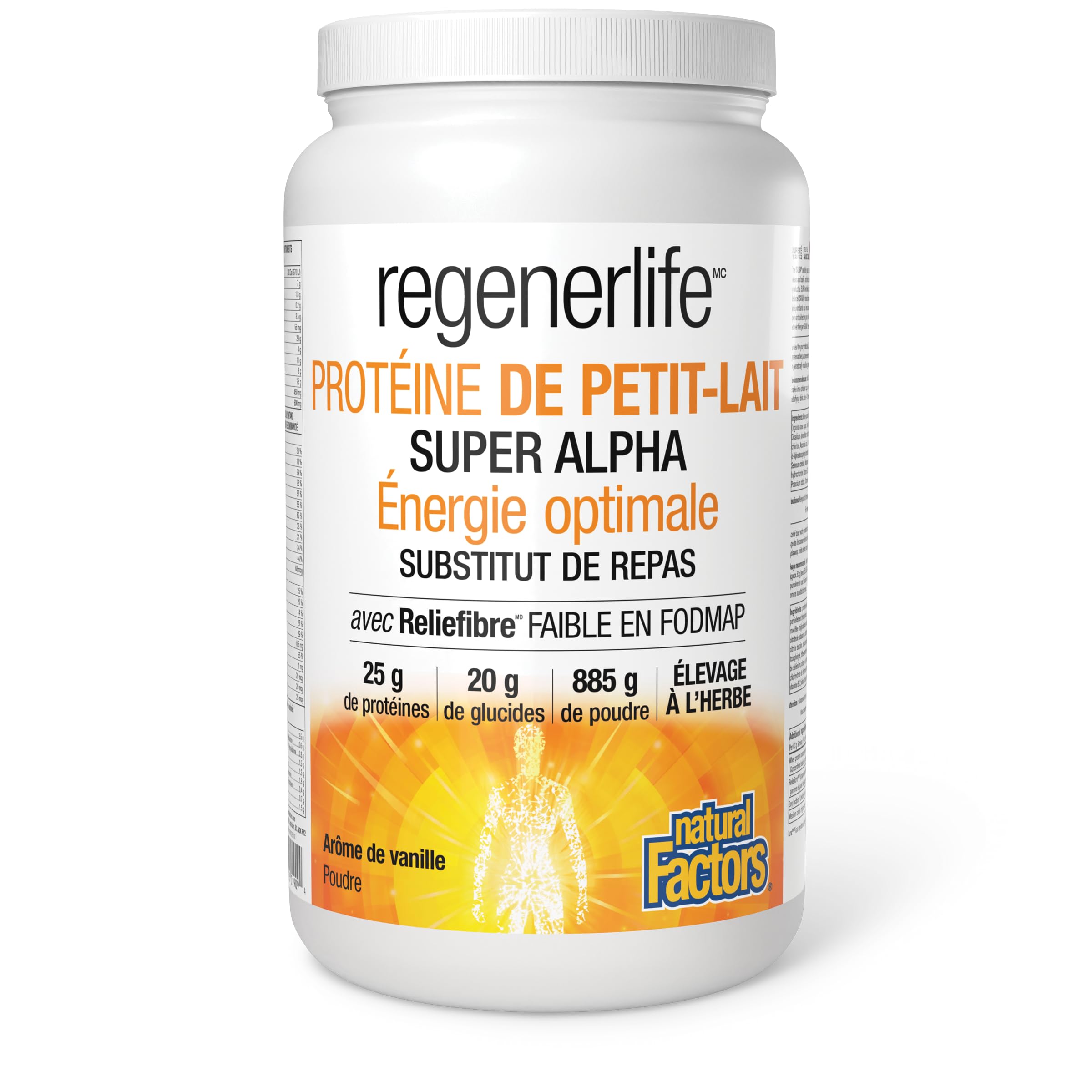 Natural Factors Regenerlife High Alpha Whey Protein Meal Replacement, Vanilla Flavour, 885 g Powder, 25 g of Protein + 5g of Low-FODMAP Reliefibre, Grass-Fed Whey, Proudly Canadian