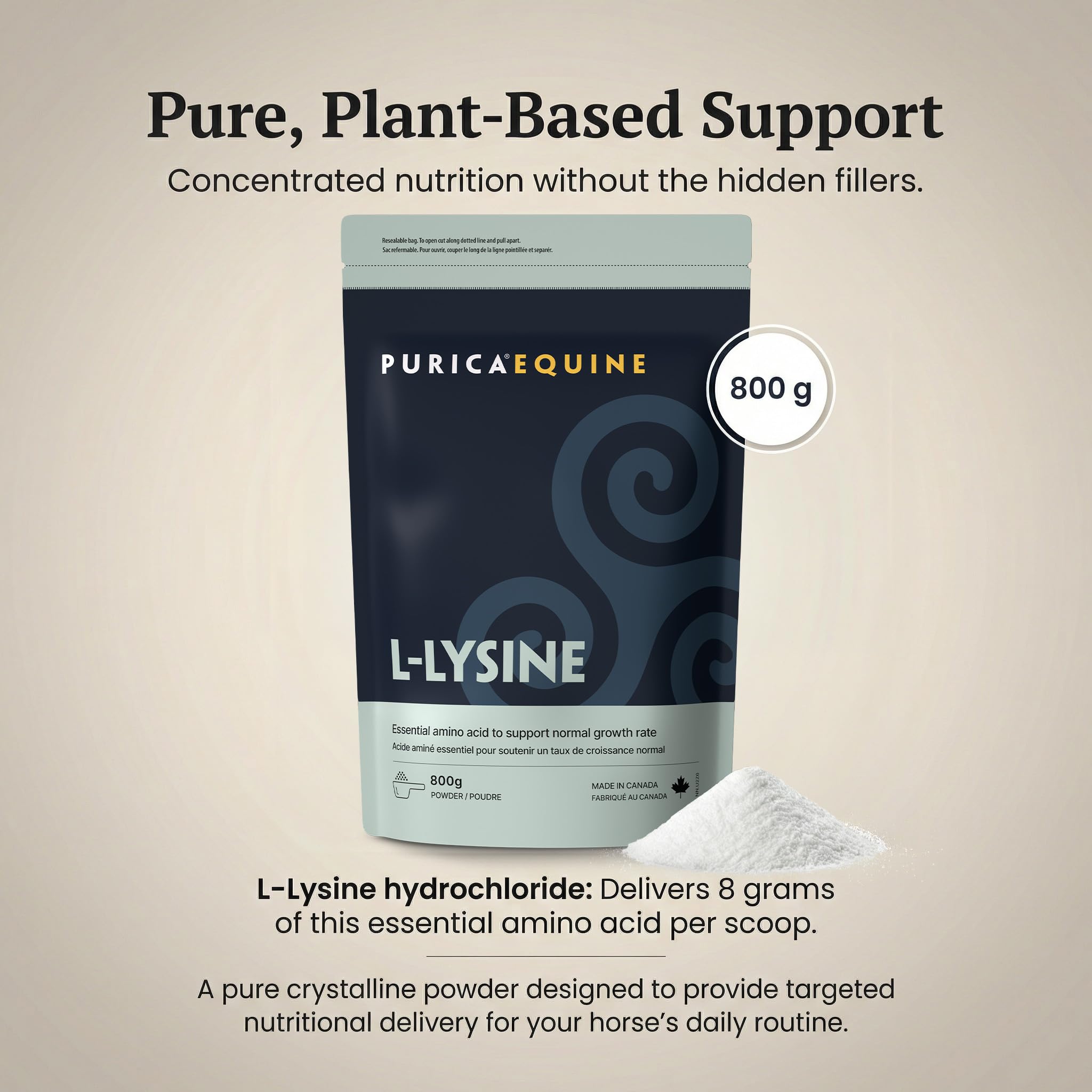 PURICA Lysine Powder for Horses, Collagen Support, Made in Canada, 800g