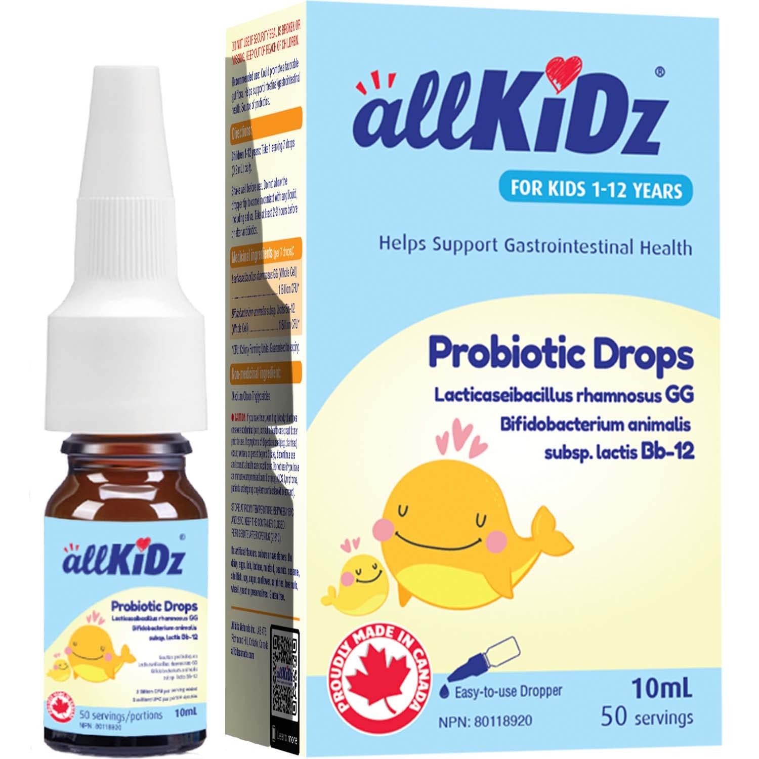 allKiDz Probiotic Drops for Infants Babies Toddlers Kids Children, Made in Canada, Liquid Supplement for Immune & Digestive Health, Lactobacillus rhamnosus GG + Bifidobacterium animalis Bb-12, 2 Billion CFU, No Preservatives, No sugar, Unflavoured, 10 Mil