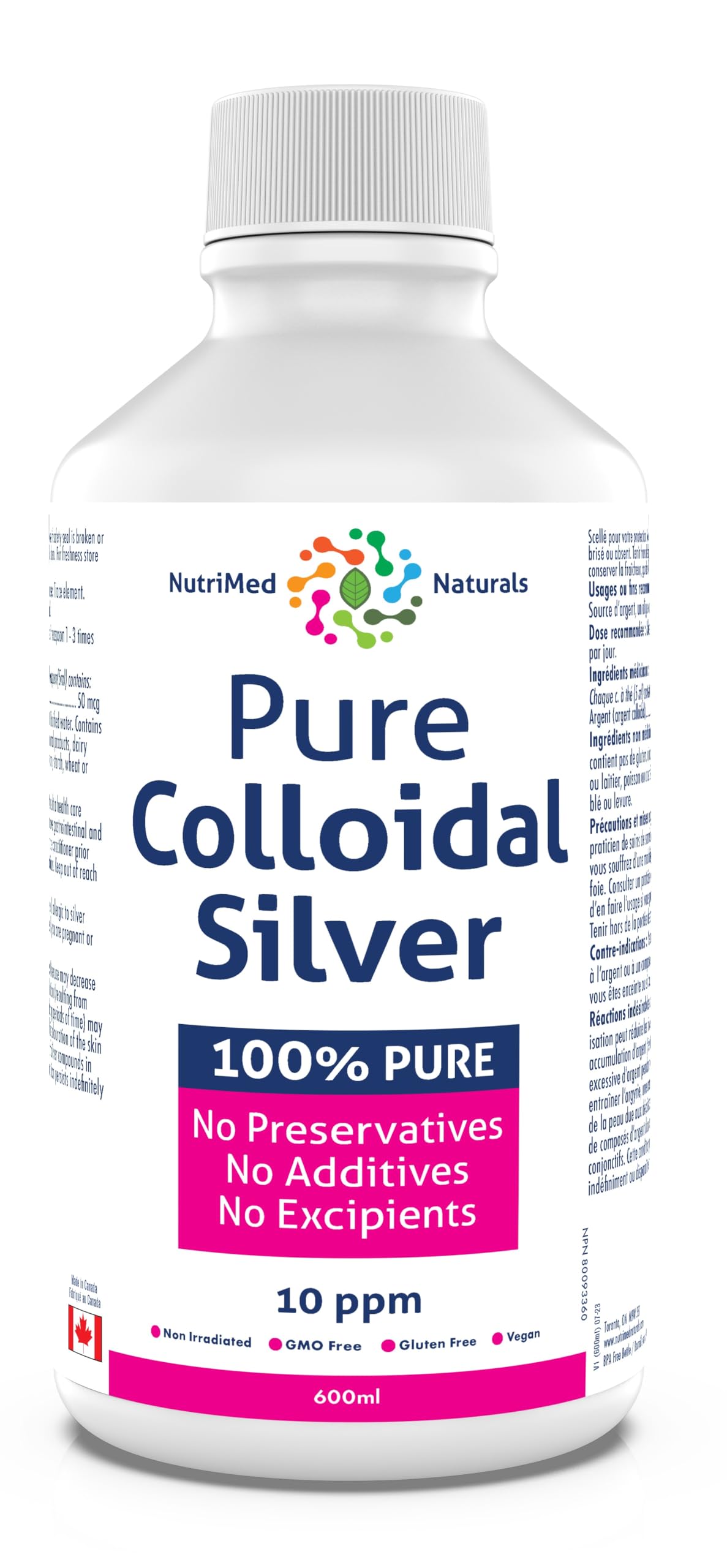 Nutrimed Naturals - Pure Colloidal Silver 10ppm, 600ml Liquid 120-Servings - Helps Support your Immune System and Overall Vitality - Vegan & Non-GMO - 3rd Party Tested - Formulated & Made in Canada