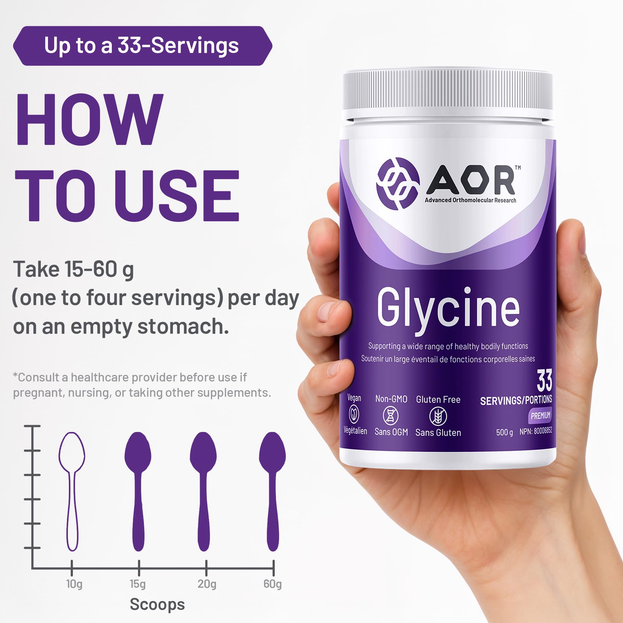 AOR Glycine Powder 500g 33-Servings - Glycine Supplement for Support Cognitive Function, Restful Sleep, Skin Care, Joint Comfort, Vegan Non-GMO, Essential Amino Acid, Naturally Sweet Sugar Alternative