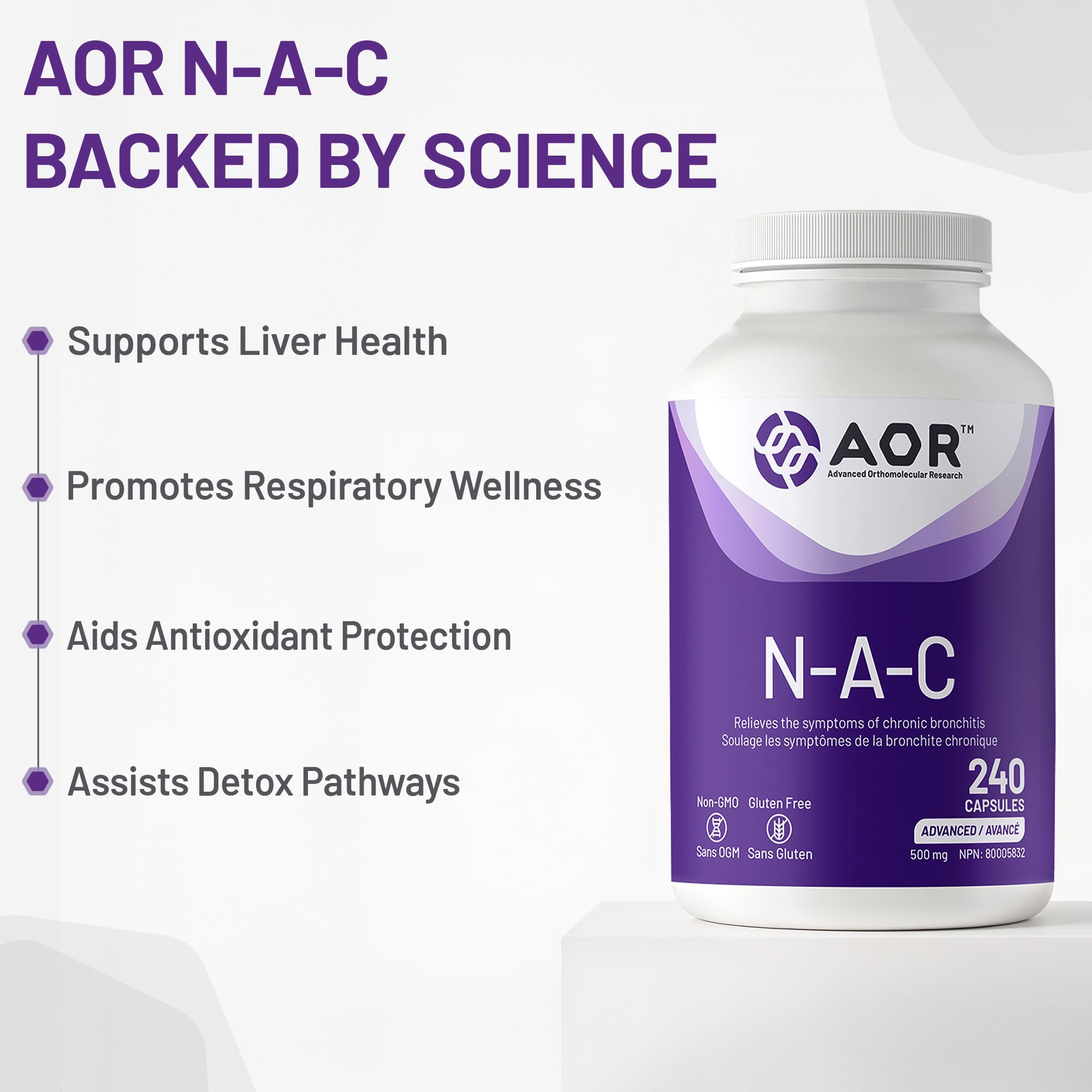 AOR N-A-C N-Acetyl Cysteine 500mg 240 Caps, 8-Month Supply, Support Balanced Immune System, Promotes Glutathione Level, Healthy Respiratory Function, Skin Health & Liver Wellness, Gluten-Free, Non-GMO