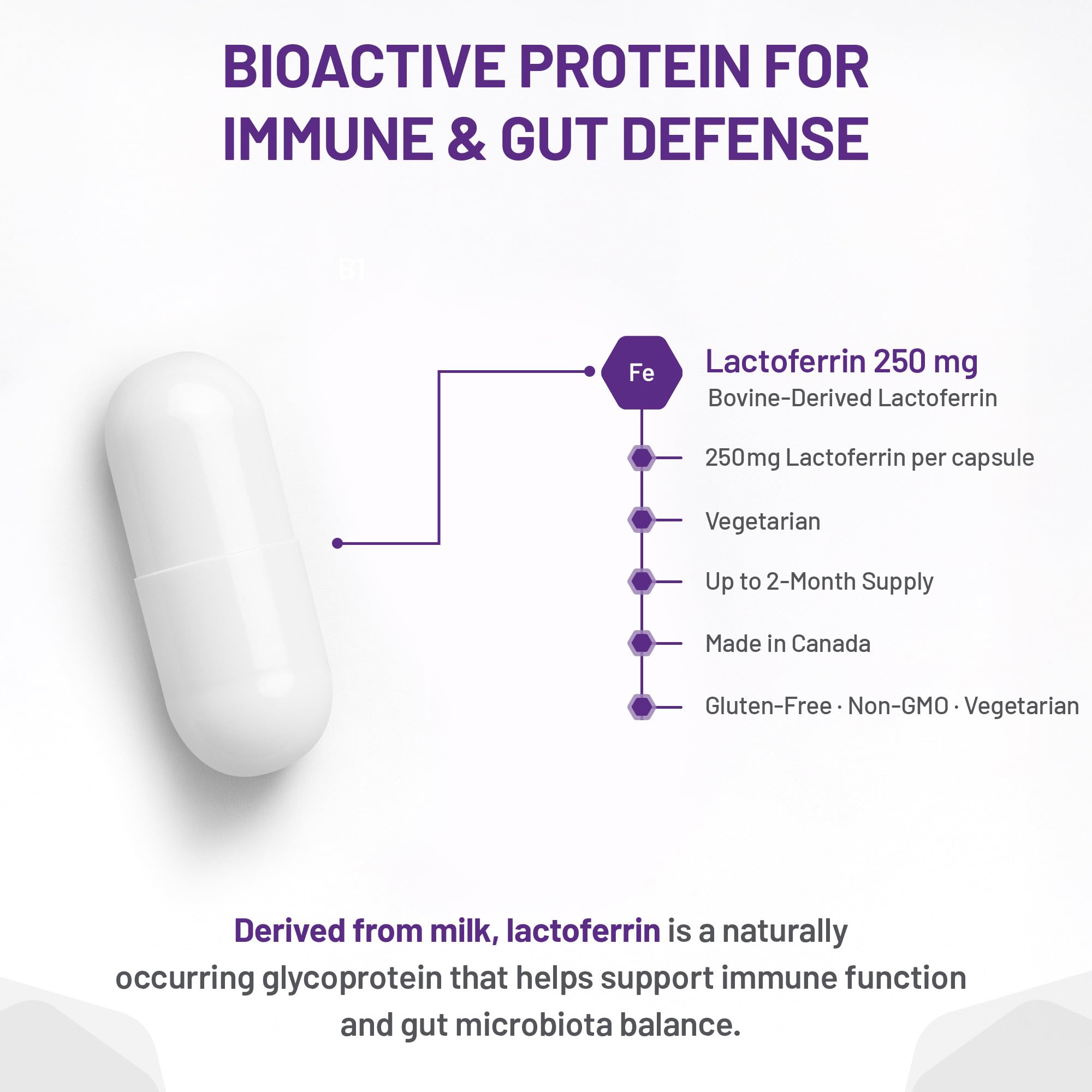 AOR Lactoferrin 250mg, 60 Capsules 60-Day Supply - Supports Balanced Iron Levels & Antioxidant Properties - Non-GMO Vegetarian Formula for Energy, Vitality & Strong Bones, Promotes Iron Utilization