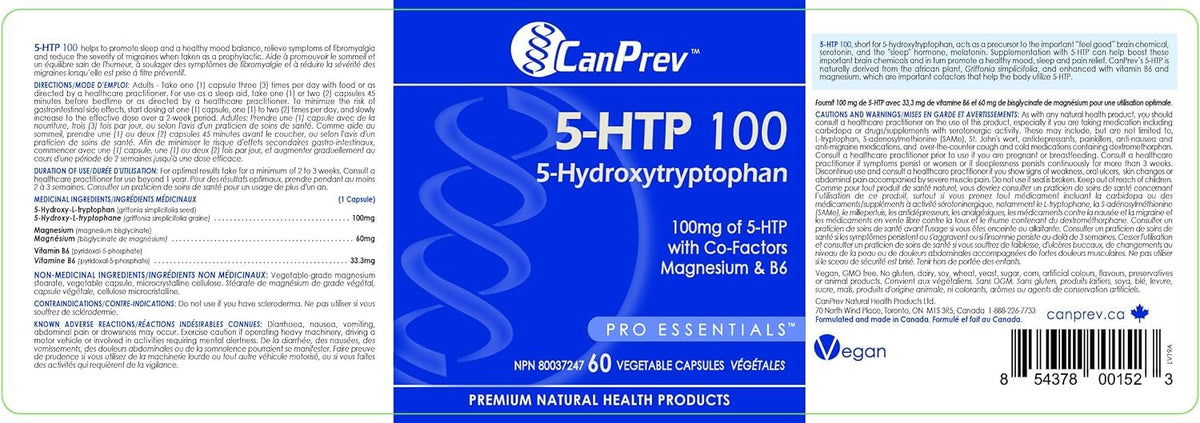CanPrev 5-HTP Capsules, Magnesium Bisglycinate, 100 mg, 60 Veg Capsules