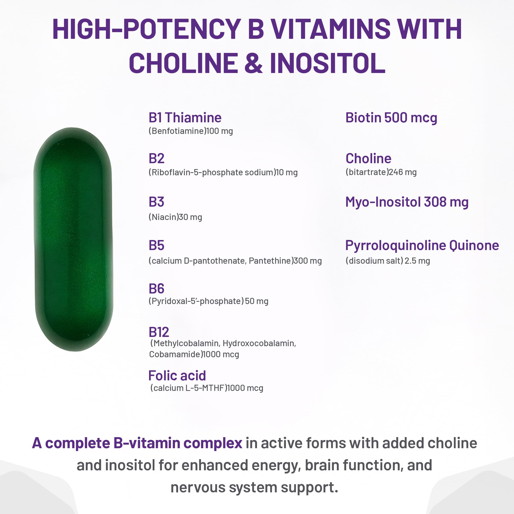 AOR Advanced B Complex Ultra 525mg, 60 comprimés végétaliens, 60 jours d'approvisionnement - Acide folique à libération prolongée, choline, B1, B2, B3, B5, B6, B12 (méthylcobalamine) et inositol - Favorise l'énergie, la concentration et la clarté mentale