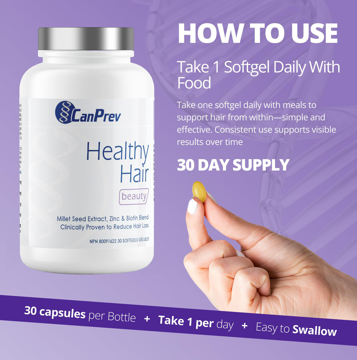 CanPrev Healthy Hair Softgel, Dandruff Reduction, Biotin, Zinc, 30 Softgels