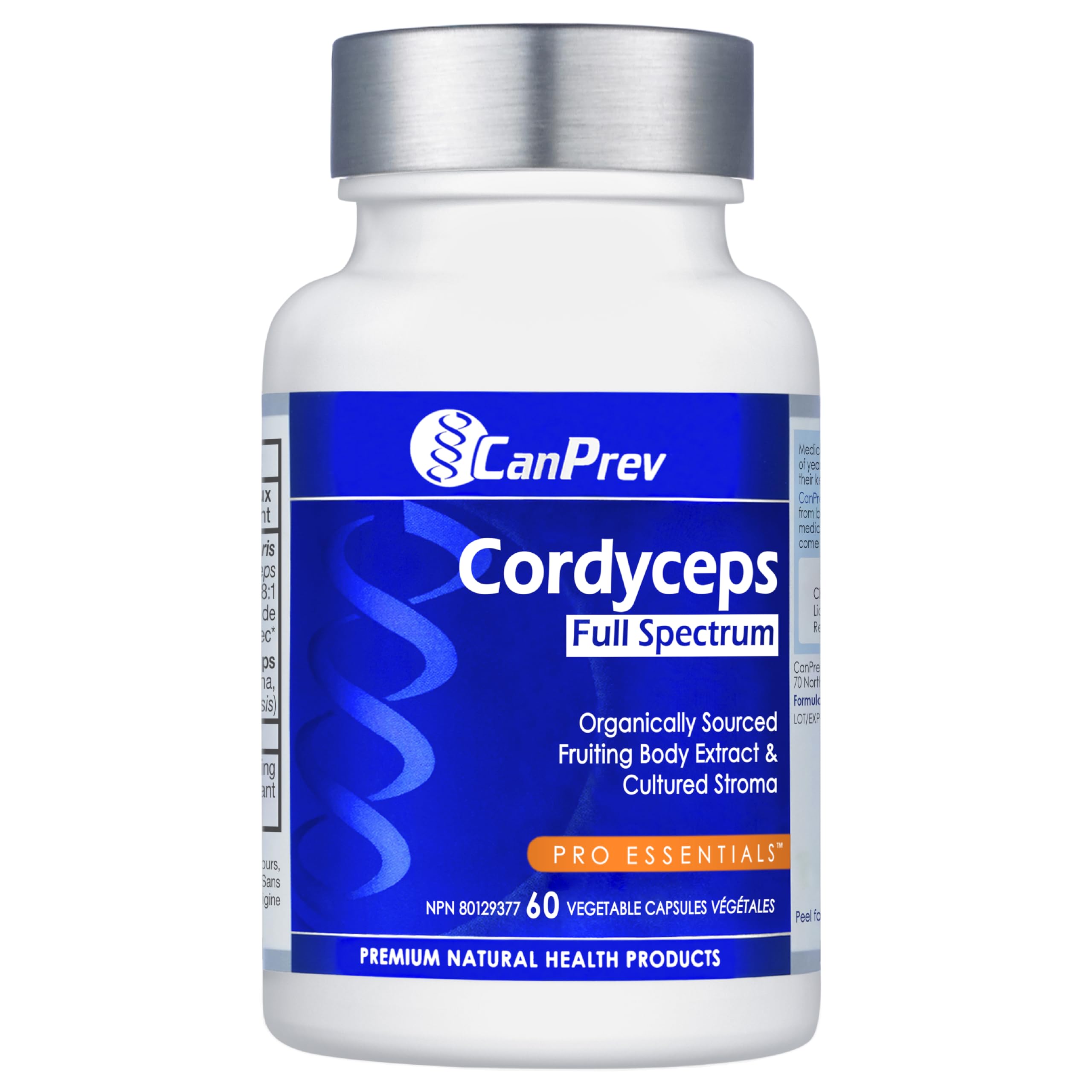 CanPrev Cordyceps Supplément de champignons à spectre complet 60 capsules végétaliennes, approvisionnement de 2 mois, corps fructifère et stroma cultivé biologiques, soutient la vitalité quotidienne, l'énergie, l'endurance, végétalien, sans gluten