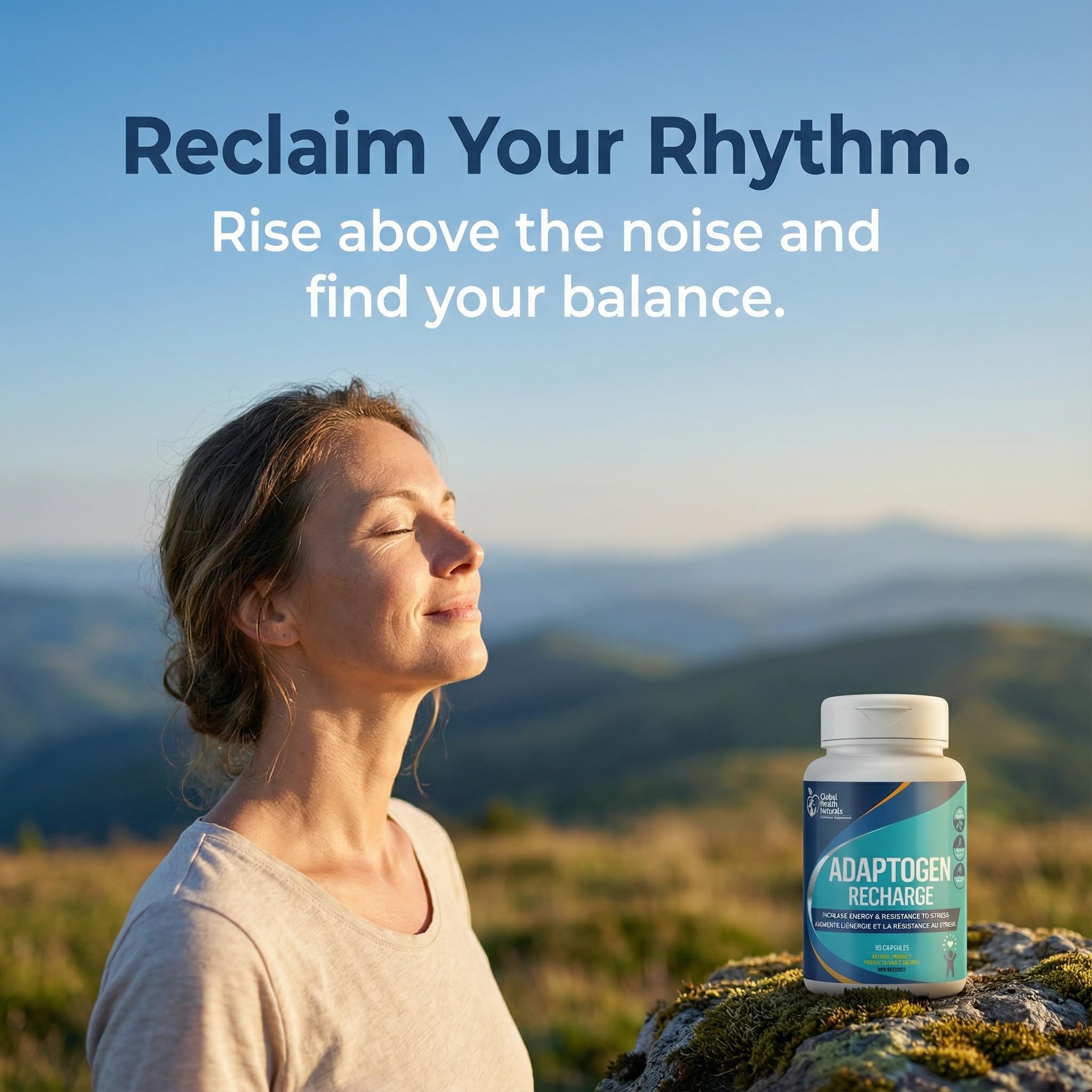 Global Health Naturals Adaptogen Recharge, 90 gélules végétaliennes - 45 jours d'approvisionnement KSM-66 Ashwagandha et Rhodiola, soutient le bien-être émotionnel, fabriqué aux États-Unis