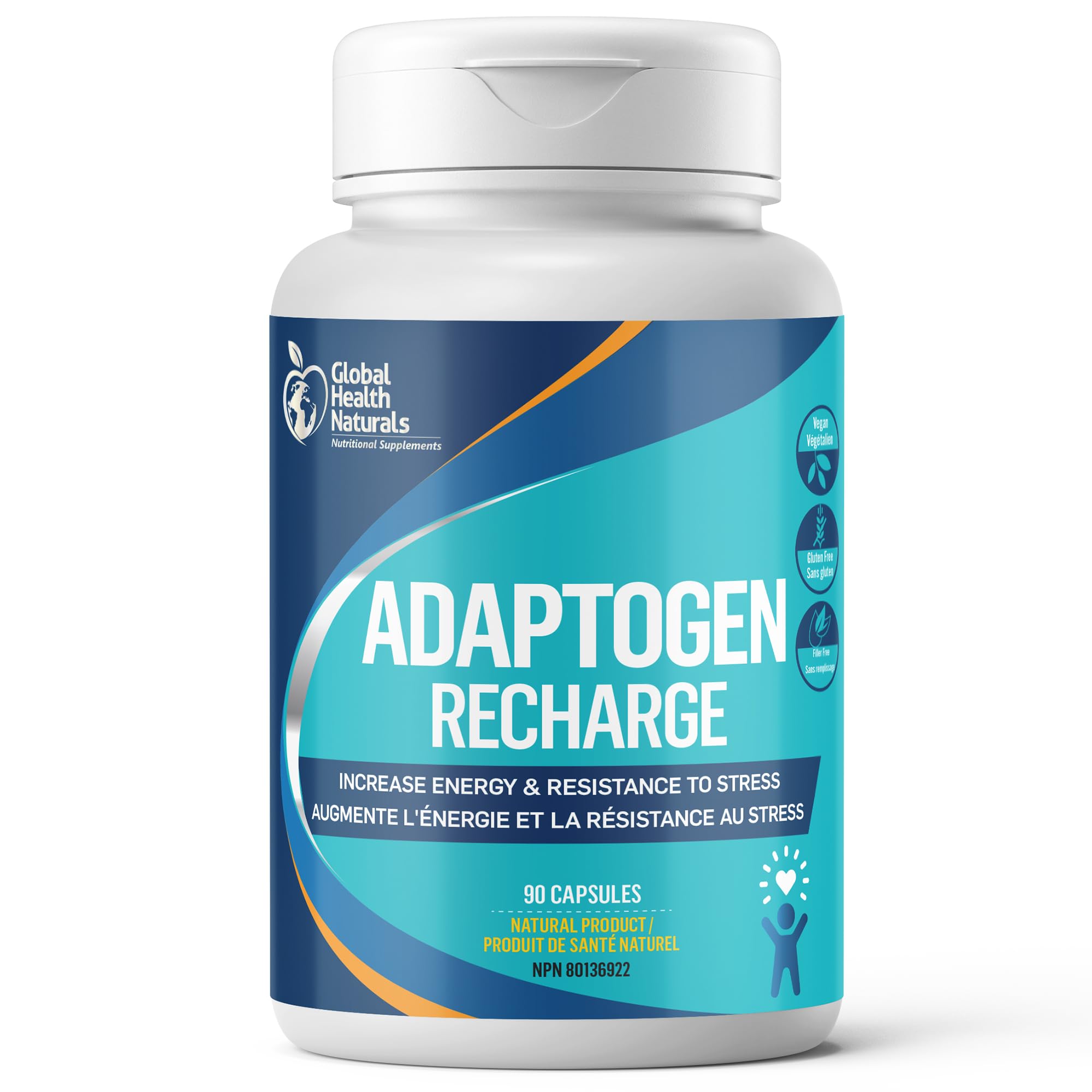 Global Health Naturals Adaptogen Recharge, 90 gélules végétaliennes - 45 jours d'approvisionnement KSM-66 Ashwagandha et Rhodiola, soutient le bien-être émotionnel, fabriqué aux États-Unis