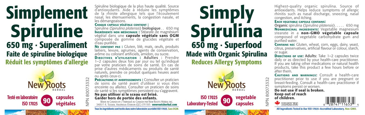 New Roots Herbal Spirulina Capsules, Source of Antioxidants, 650mg