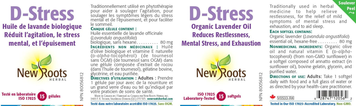 New Roots Herbal D-Stress Organic Lavender Oil, Hexane Free, 15 Softgels
