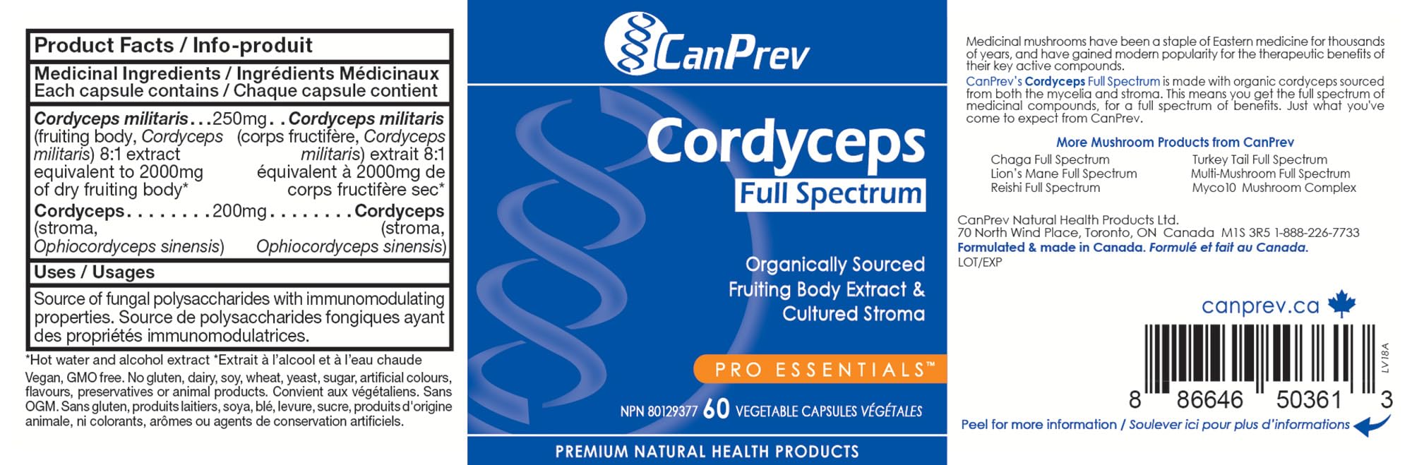 CanPrev Cordyceps Supplément de champignons à spectre complet 60 capsules végétaliennes, approvisionnement de 2 mois, corps fructifère et stroma cultivé biologiques, soutient la vitalité quotidienne, l'énergie, l'endurance, végétalien, sans gluten