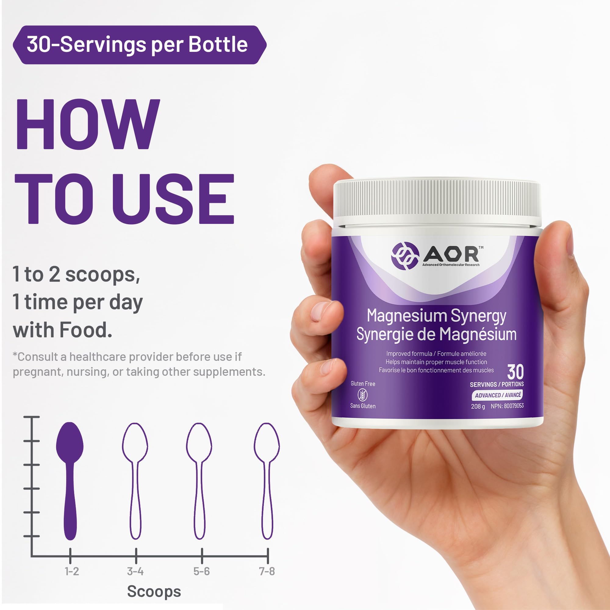 AOR Magnésium Synergy Poudre 208g 30 portions - Supplément de Magnésium Végétalien pour Hommes et Femmes - Soutient la Santé des Os, un Sommeil Réparateur et la Relaxation Musculaire - Facile à mélanger, Goût Citron sans Sucre, sans Gluten