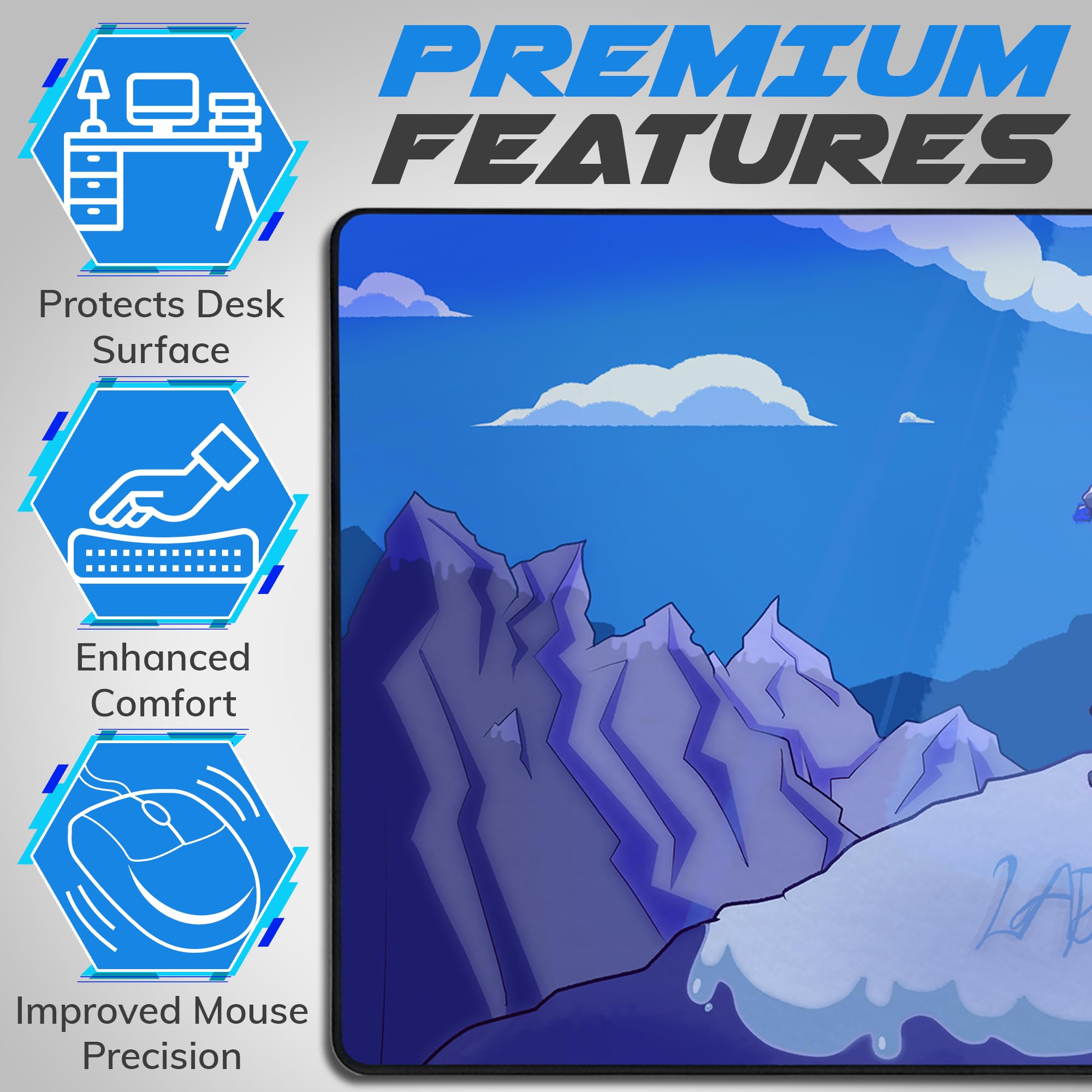 LapisPearl Extended Gaming Mouse Pad, XXL Desk Mat with Artistic Blue Cloud Design, Water-Resistant Surface, Non-Slip Rubber Base, 90 x 40 cm