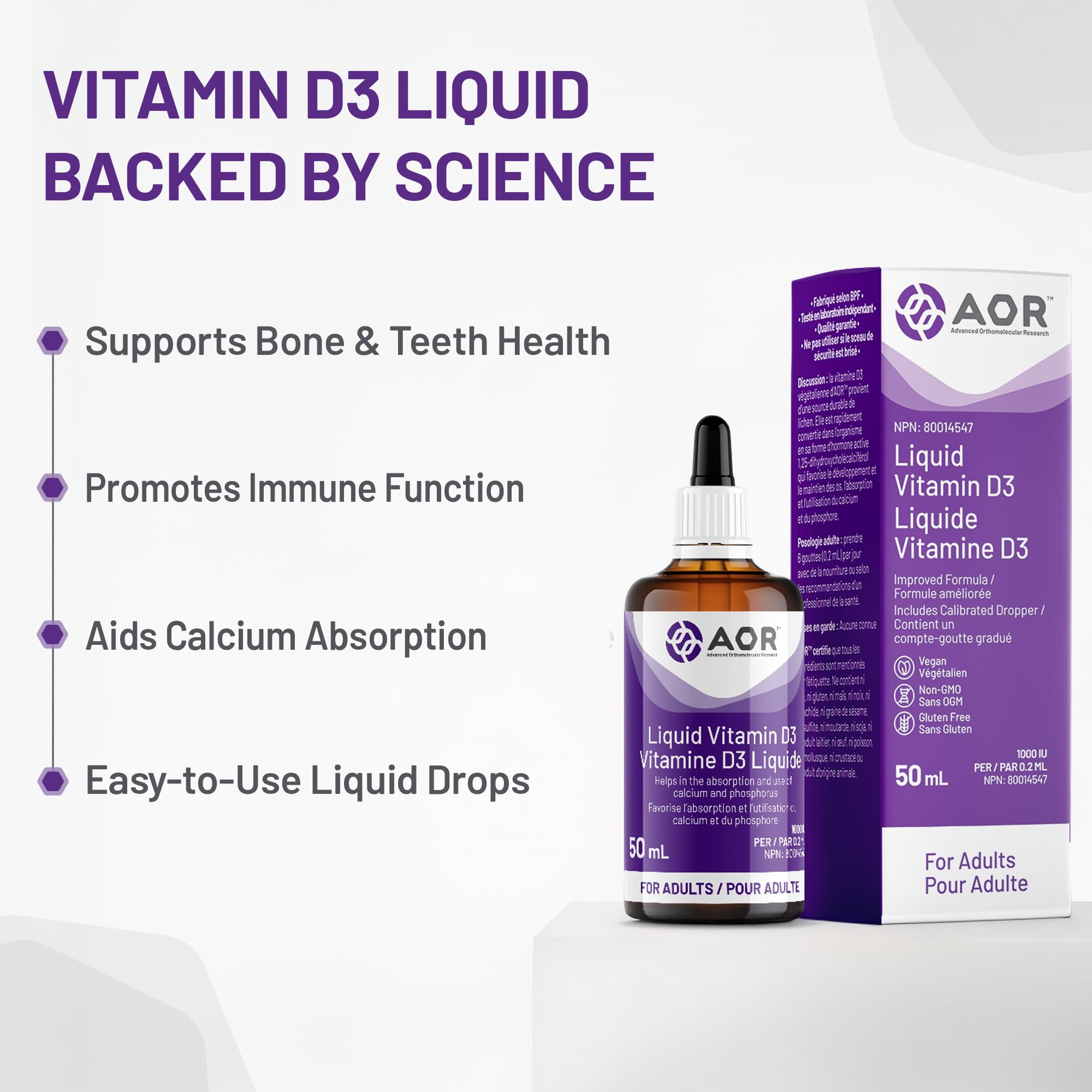 AOR - Vitamin D3 1000 IU, 50 ml Vdrops - Liquid Vitamin D3 Drops for Adults - Cholecalciferol Vitamin D3 with Calcium for Bone Health and Immune System Support - Vegan Vitamin D3 Supplement