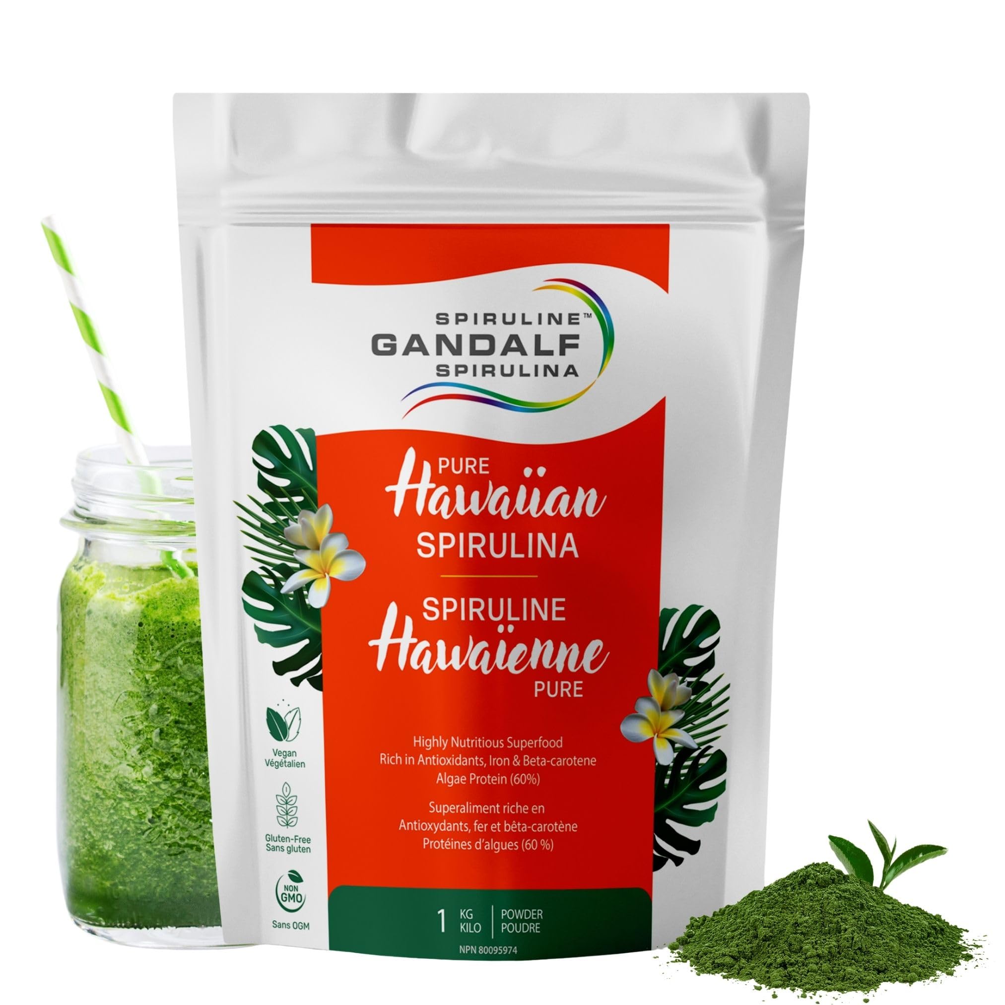 Gandalf Spiruline Hawaïenne Pure 1Kg, 200 portions, Algue Bleue-Verte, Riche en Fer, Bêta-Carotène et Nutriments pour Smoothies et Jus, Soutient l'Énergie et la Vitalité