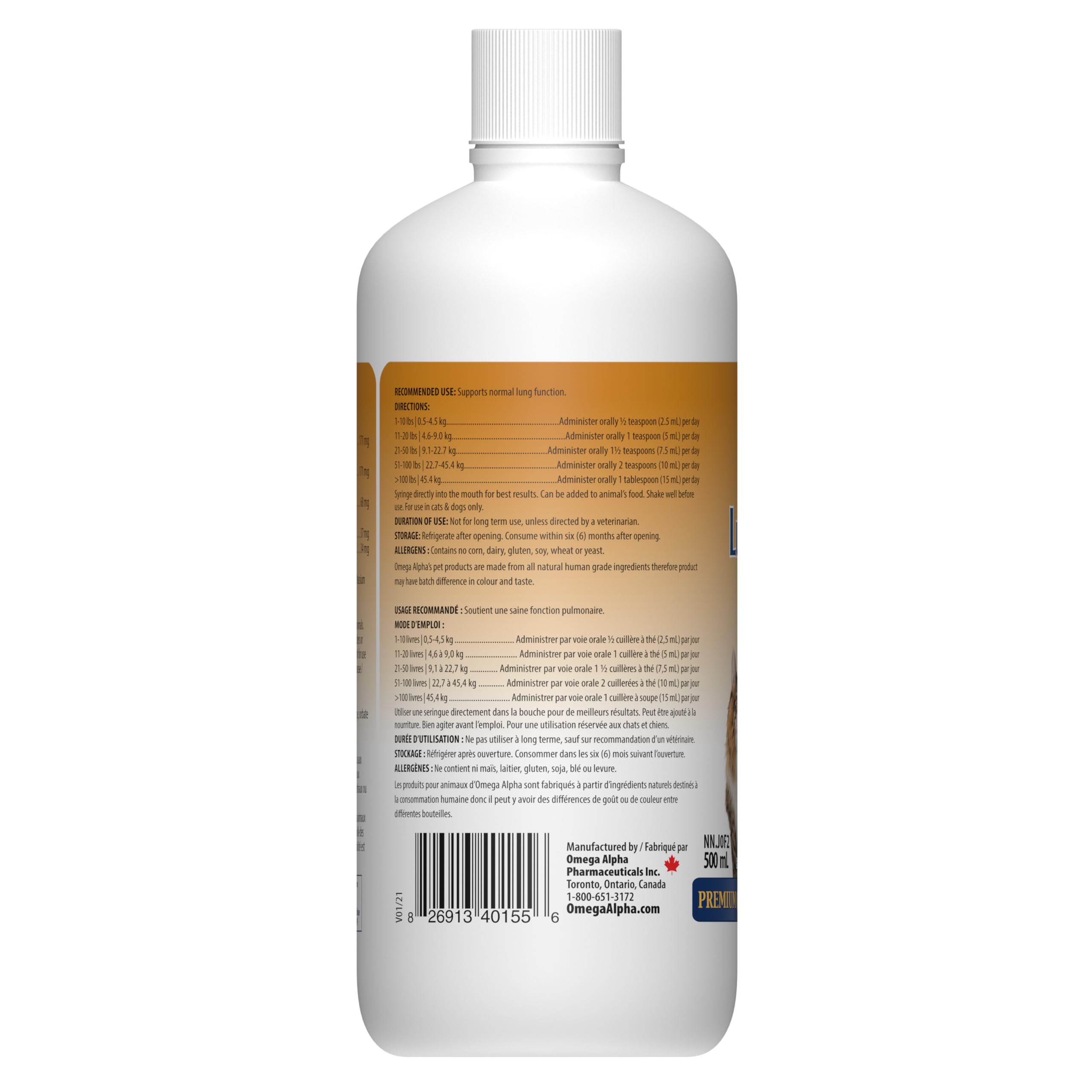 Omega Alpha LungTone Liquide 500 ml pour animaux de compagnie, soutien pulmonaire et soins respiratoires pour chiens et chats, nettoyage doux des poumons, soutien du mucus et respiration saine et facile