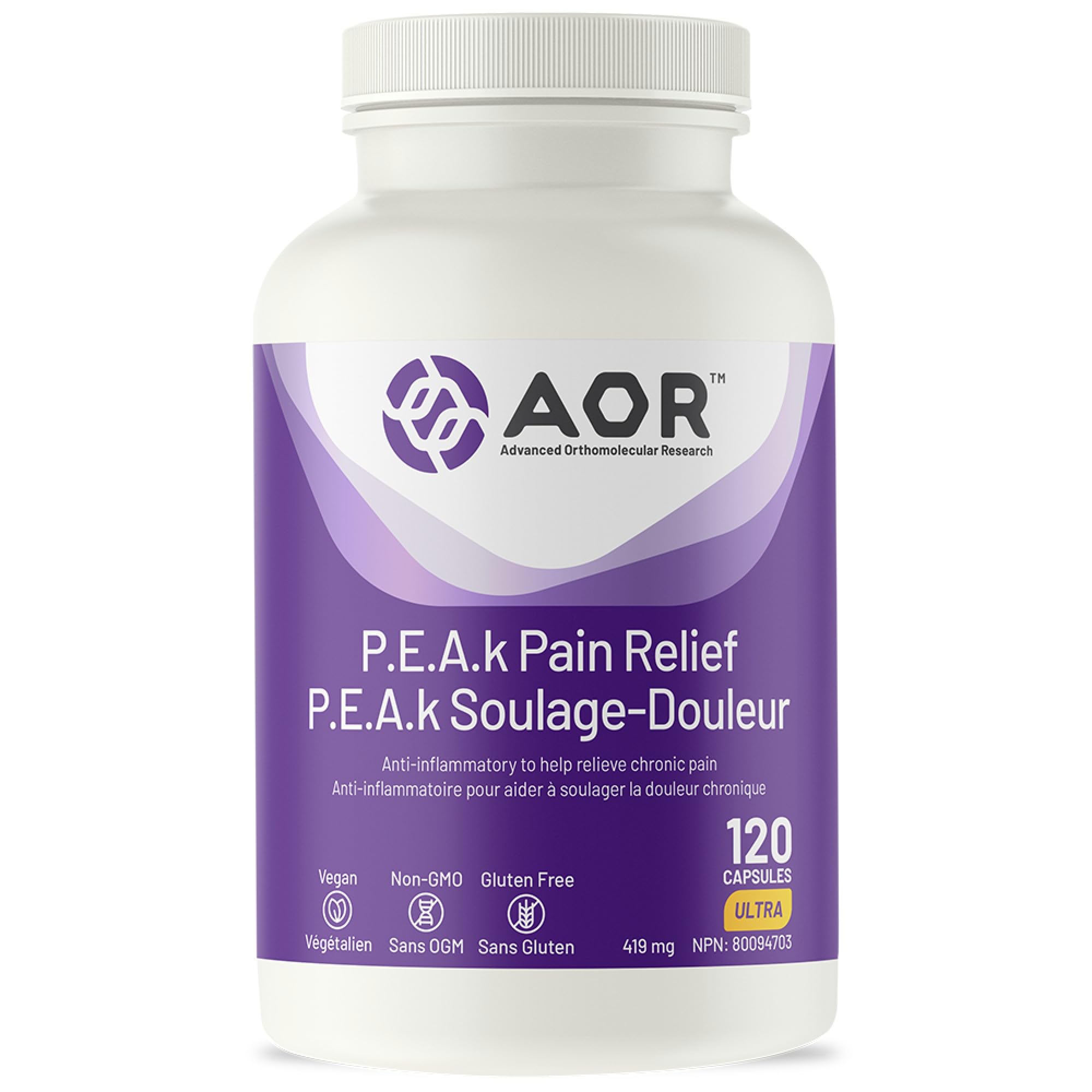 AOR - P.E.A.K Soulagement de la douleur 120 Capsules Cure de 30 Jours - Supplément de Palmitoyléthanolamide (PEA) avec Univestin, Boswellia, Quercétine et Glycinate de Magnésium pour Favoriser le Confort et la Mobilité - Végétalien, Sans OGM