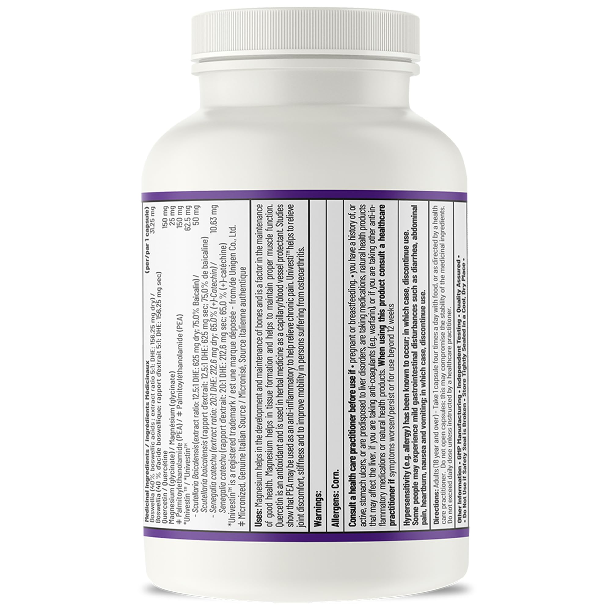 AOR - P.E.A.K Soulagement de la douleur 120 Capsules Cure de 30 Jours - Supplément de Palmitoyléthanolamide (PEA) avec Univestin, Boswellia, Quercétine et Glycinate de Magnésium pour Favoriser le Confort et la Mobilité - Végétalien, Sans OGM