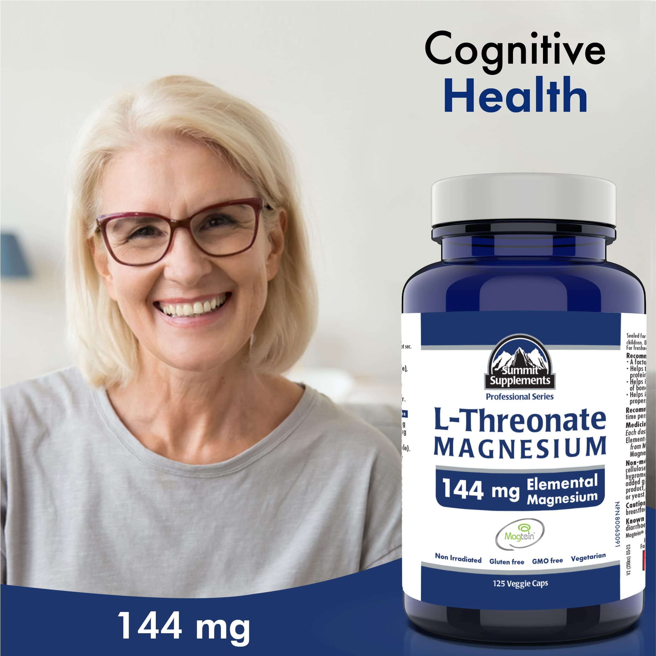 Proudly Canadian & Plastic Negative - Magtein Magnesium L-Threonate 125 Vegan Capsules 41-Day Supply - Brain Health, Promote Healthy Sleep & Relaxation - 3rd Party Tested - Formulated & Made in Canada