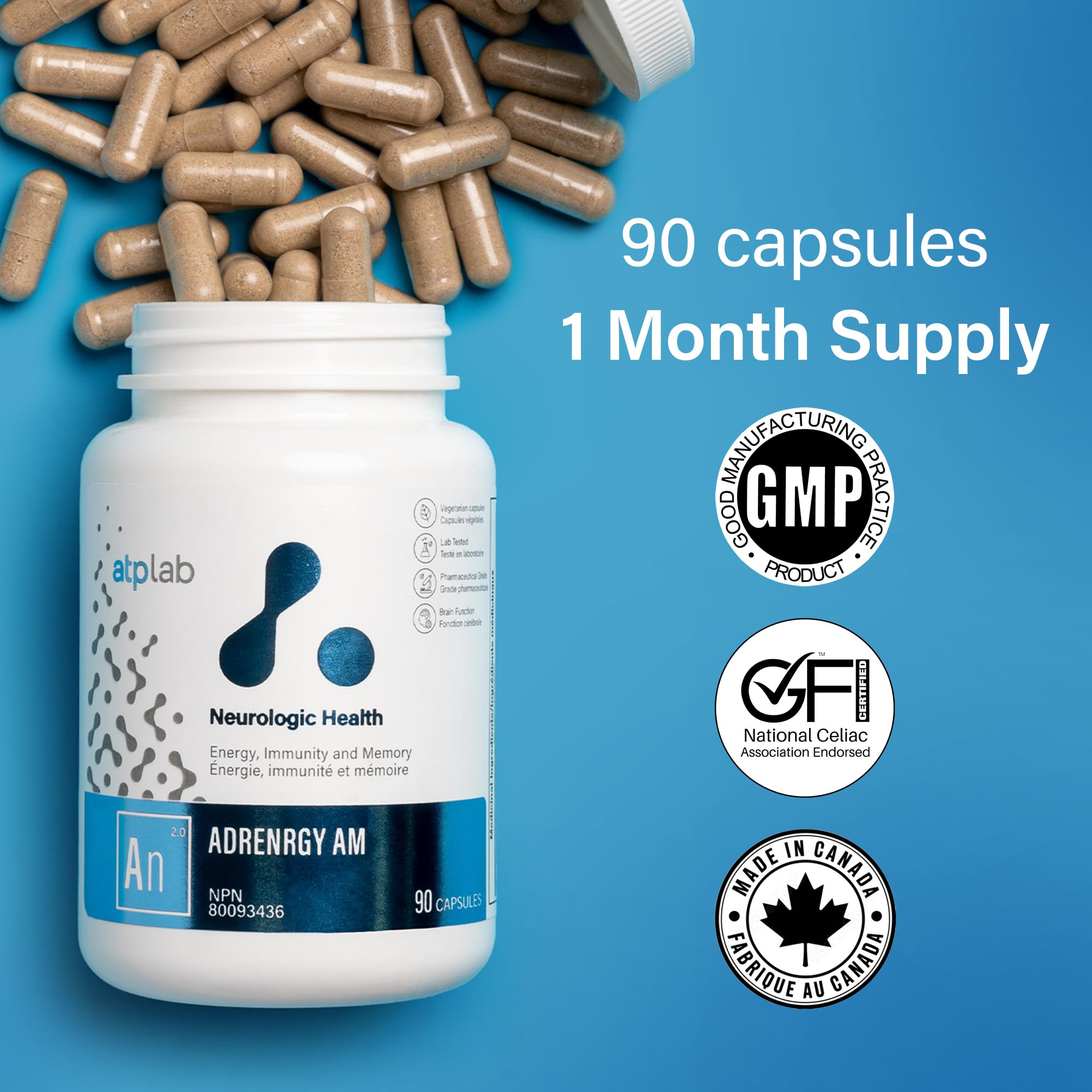 ATP LAB AdrenRGY AM, 90 Caps, 30-Day Supply, Daily Support with Vitamin B5, B12, C, Ashwagandha KSM-66, Rhodiola & Eleuthero, Supports Balanced Cortisol, Adrenal Function, Metabolism & Immune Function