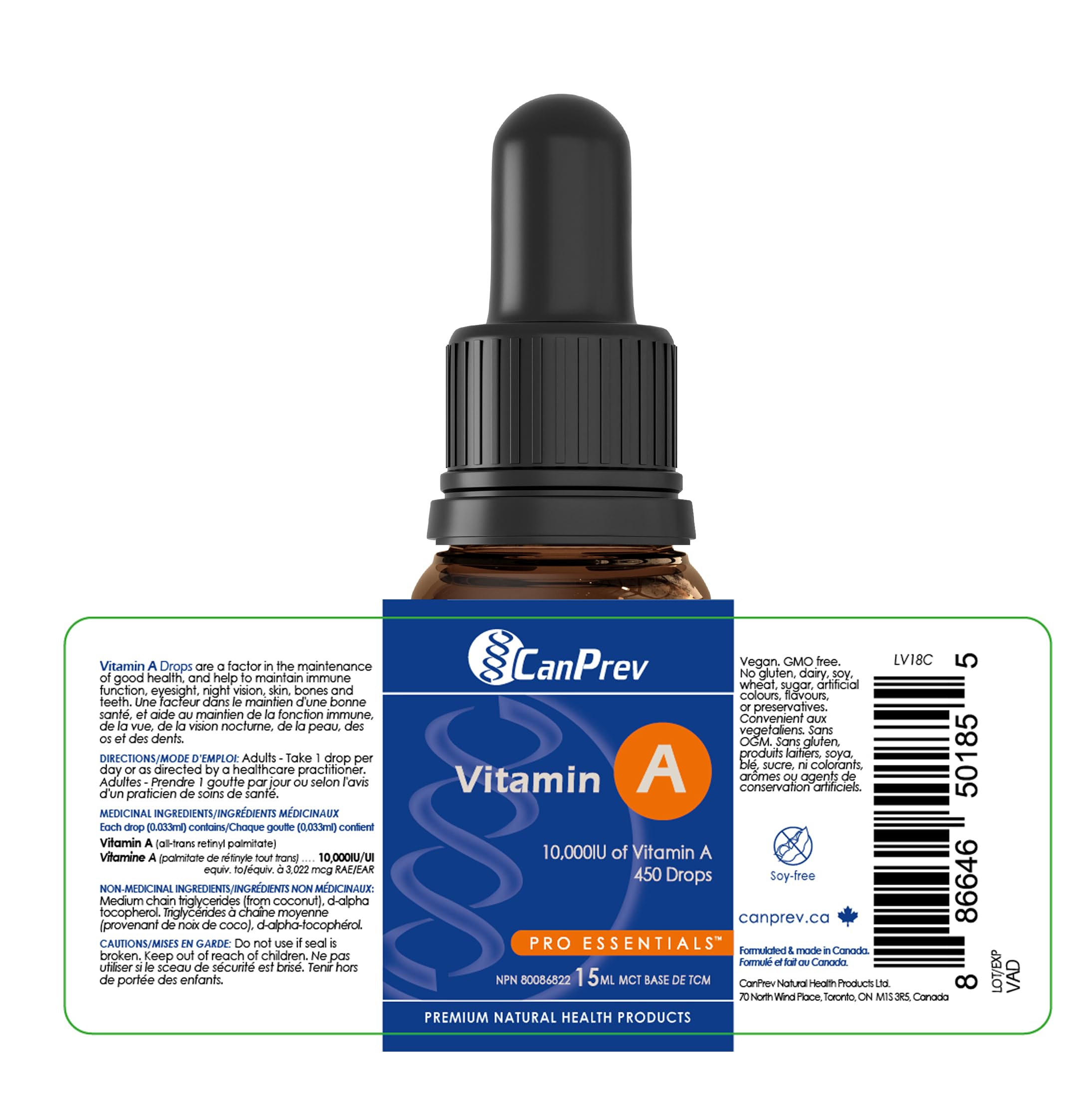 CanPrev Vitamine A Gouttes 15 ml, 10 000 UI Vitamine A Liquide avec 450 Portions, Soutien de la Santé Oculaire, de la Peau, du Bien-être Osseux et de la Fonction Immunitaire, Formulée avec du Palmitate de Rétinyle Tout-Trans - Végétalien et Sans Gluten