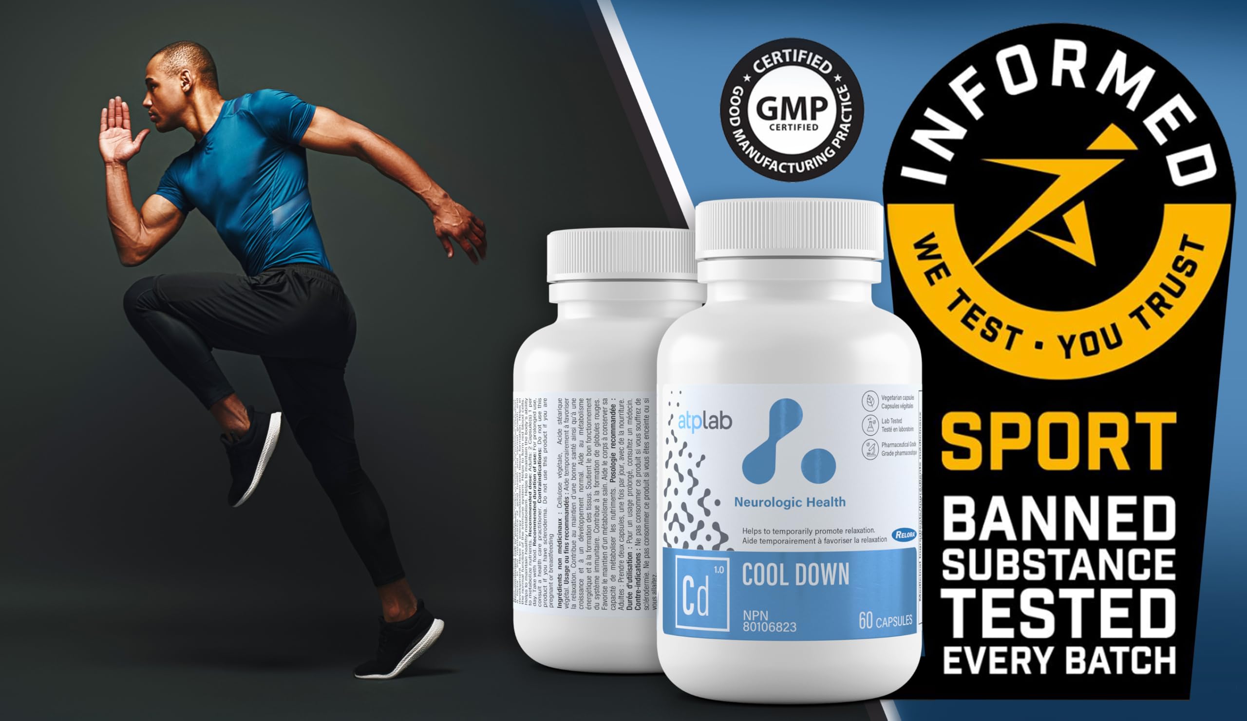 ATP LAB - Cool Down 60 capsules - Traitement de 30 jours - Soulagement de la dépression, santé du cortisol, soulagement de l'insomnie, guérison du système nerveux, favorise la relaxation et le sommeil - Formulé et fabriqué au Canada