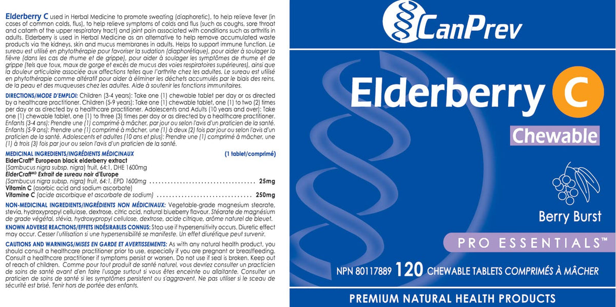 CanPrev Elderberry Chewable Tablets, Immune Support, Vitamin C, 120 Tablets