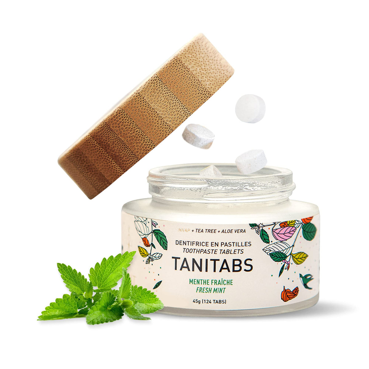 TANIT - TANITABS Fresh Mint Toothpaste Tablets - Fluoride-Free, Natural for Gum and Teeth Care, Zero-Waste, Eco-friendly, Perfect for Travel, Comes in Bamboo Jar - 124 Tabs