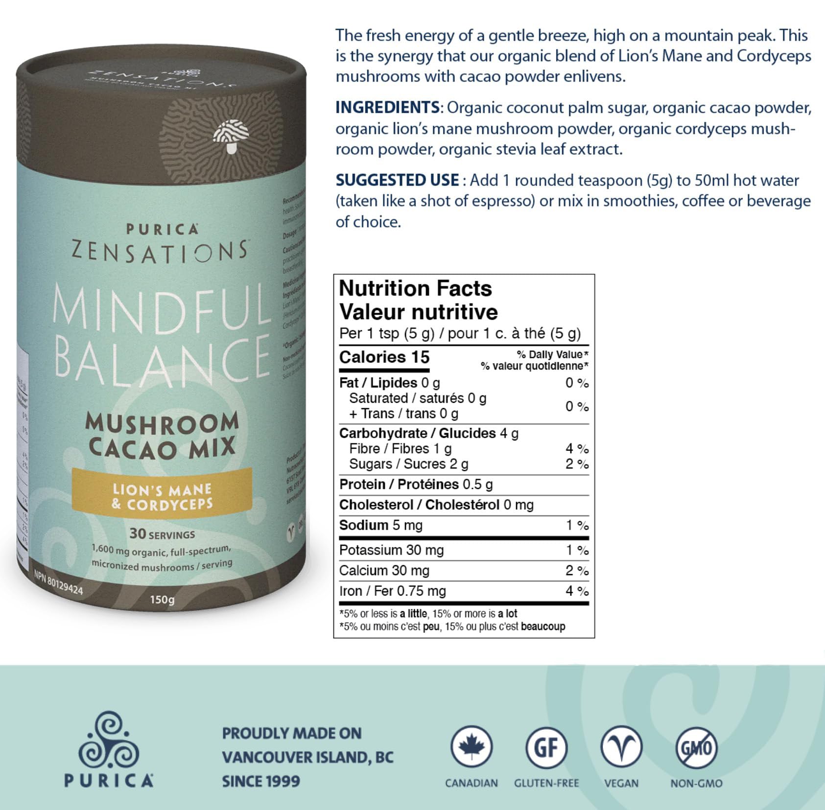 PURICA - Boisson cacao au champignon Reishi rouge Zensations - 150 g