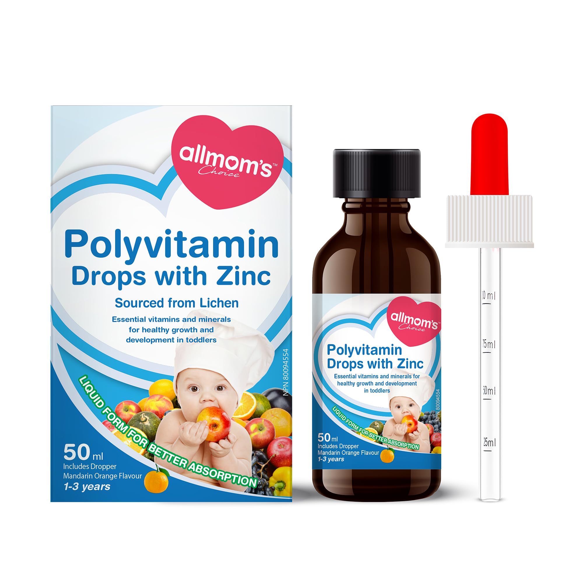 Gouttes multivitaminées Allmom's Choice avec Zinc, 1-3 ans, 9 vitamines essentielles (vitamines A, complexe B, C, D3) et zinc, qui manquent souvent dans l'alimentation des enfants. Excellent goût sous forme liquide facile à prendre, pour 50 jours.