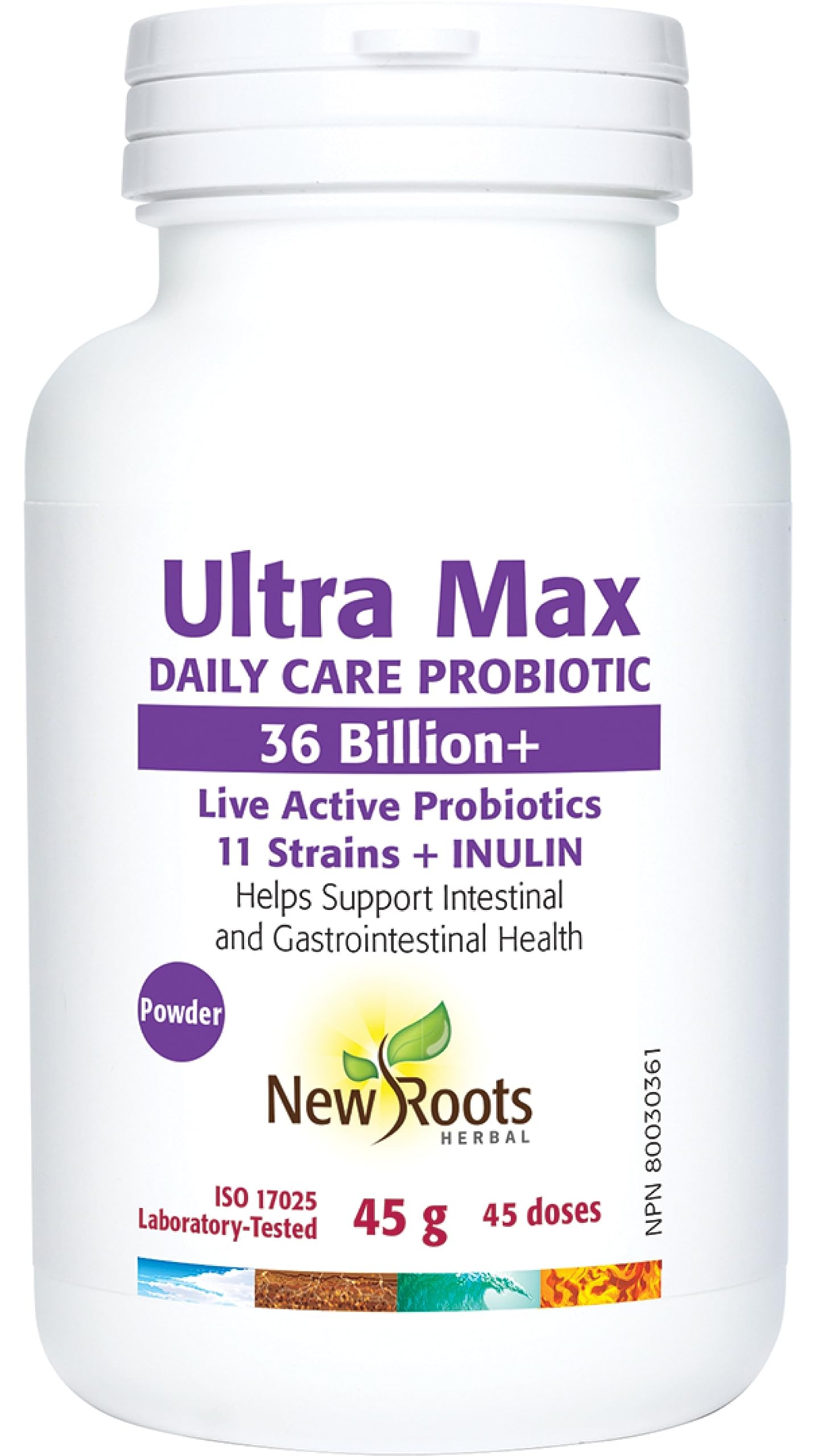 New Roots Herbal Ultra Max Daily Care Probiotic Powder 45g 45-Servings - 36 Billion+ Active Cultures & 11 Beneficial Strains with Inulin, Digestive Support Supplement for Men & Women, Non-GMO Formula