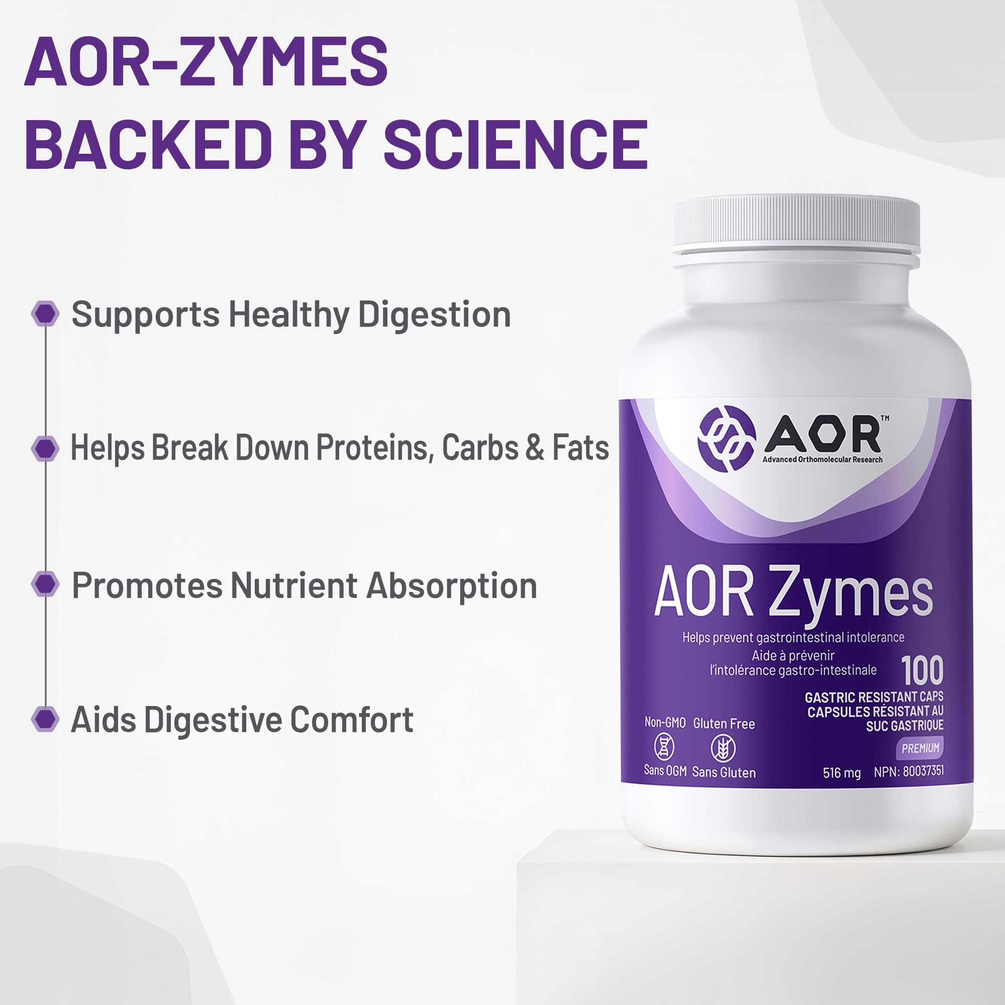 AOR Zymes Enzymes pancréatiques 516mg, 100 gélules pour 100 jours – Aide à prévenir l'intolérance gastro-intestinale, soutien digestif avec lipase, amylase et protéase – Sans OGM et sans gluten