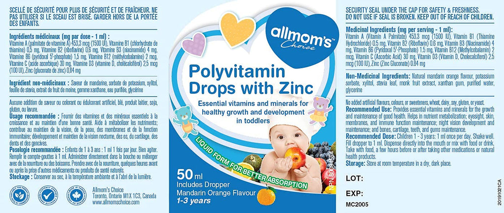 Allmom's Choice Polyvitamin Drops with Zinc, 1-3 Years, 9 Essential Vitamins (Vitamin A, B Complex, C, D3) and Mineral of Zinc, which are often lacking in a Children’s Diet. Great Taste in Easy-To-Take Liquid Form, 50-Day Supply