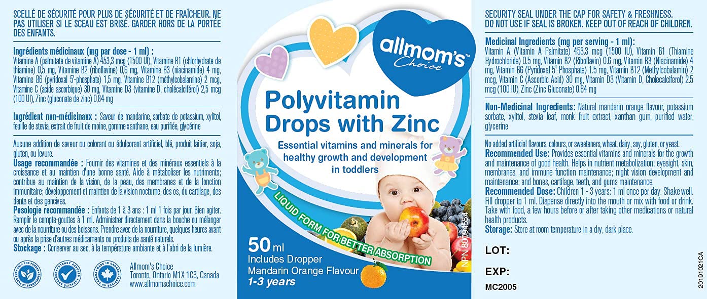 Gouttes multivitaminées Allmom's Choice avec Zinc, 1-3 ans, 9 vitamines essentielles (vitamines A, complexe B, C, D3) et zinc, qui manquent souvent dans l'alimentation des enfants. Excellent goût sous forme liquide facile à prendre, pour 50 jours.