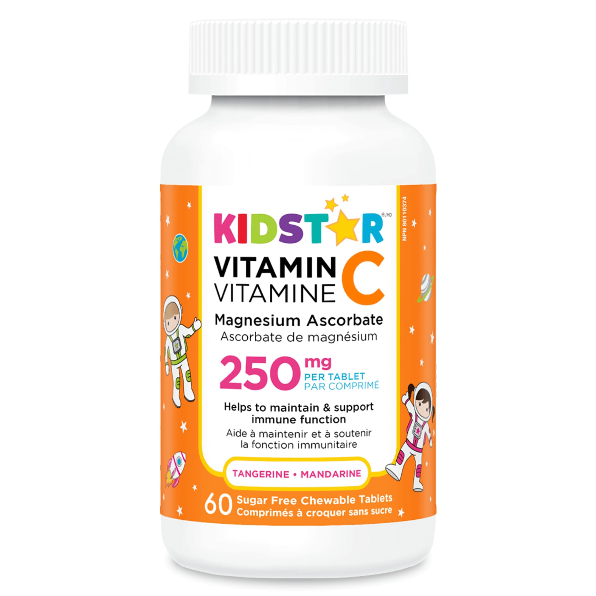 KidStar Vitamin C 250mg, 60 Sugar-Free Chewable Tablets 60-Day Supply, Tangy Tangerine Flavor, Support Immune Function & Collagen Production, Antioxidant-Rich, Gentle on Stomach, Non-GMO & Gluten-Free