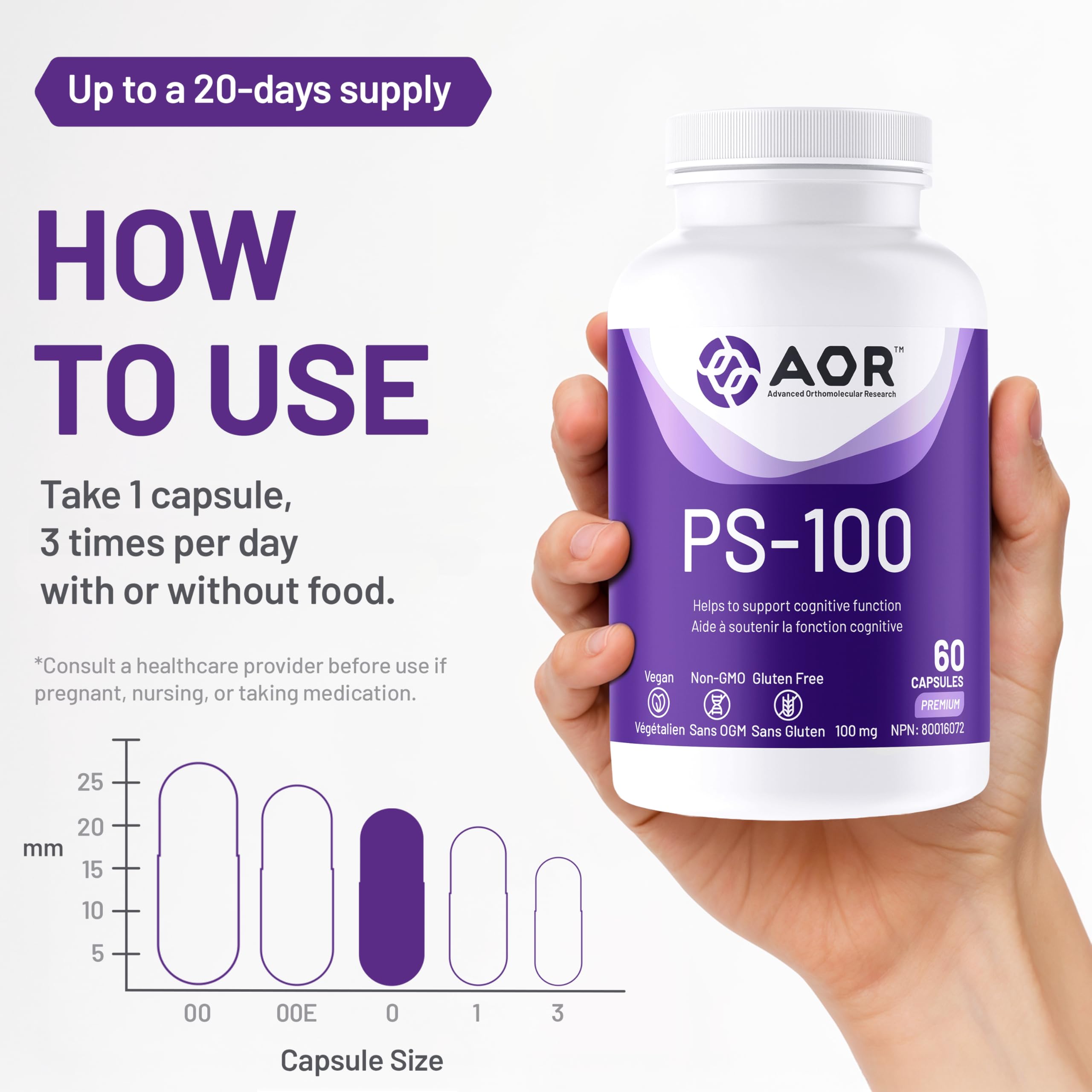 AOR PS-100, 100 mg 60 gélules - Favorise la clarté mentale et la concentration, sans gluten, sans OGM et végétalien, phosphatidylsérine issue de la lécithine de tournesol, favorise un sommeil réparateur et la fonction cognitive