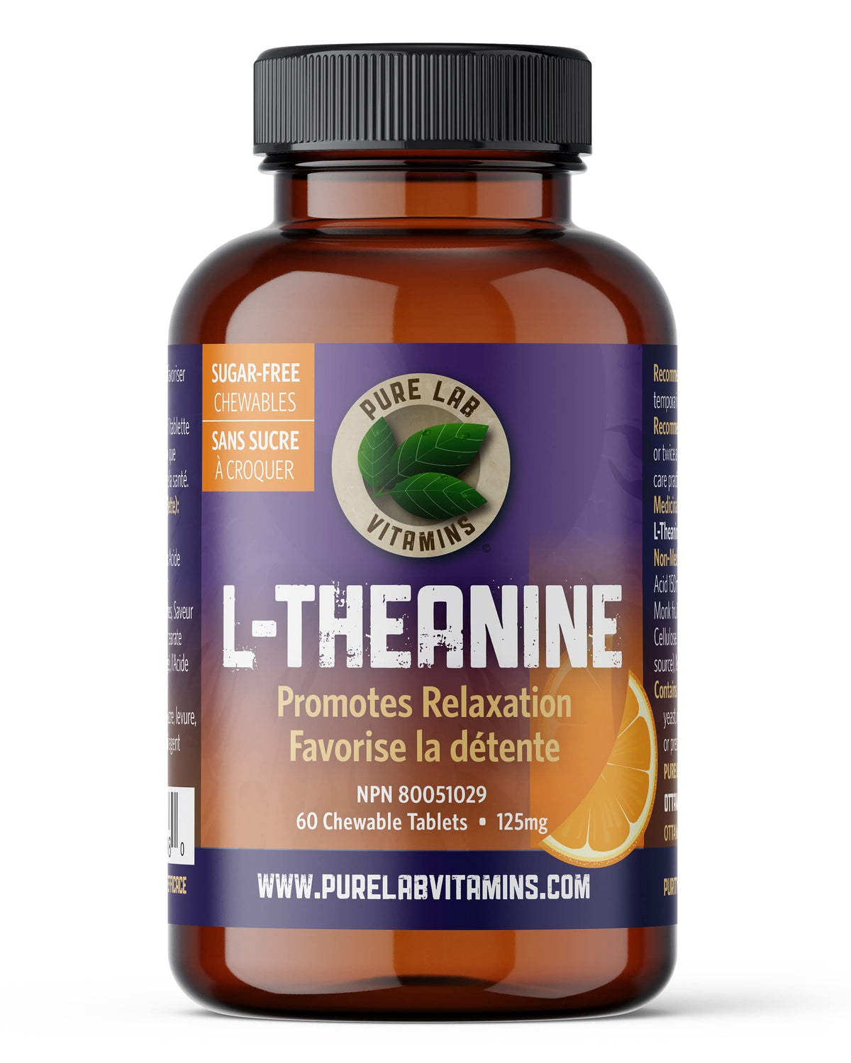 Pure Lab Vitamins | L-Theanine 125mg | 60 Chewable Tablets | Concerns and Pressure Relief Supplements | Brain Memory and Focus Supplement for Adults | Promotes Relaxation and Improves Sleep Quality