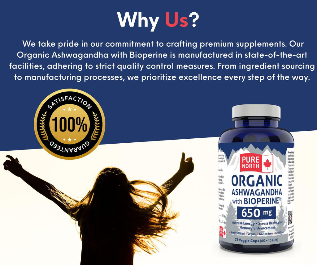 Pure North Naturals - Organic Ashwagandha with BioPerine, 75 Vegan Capsules - Improve Energy, Cognitive Function and Memory Enhancement - 3rd Party Tested - Formulated & Made in Canada