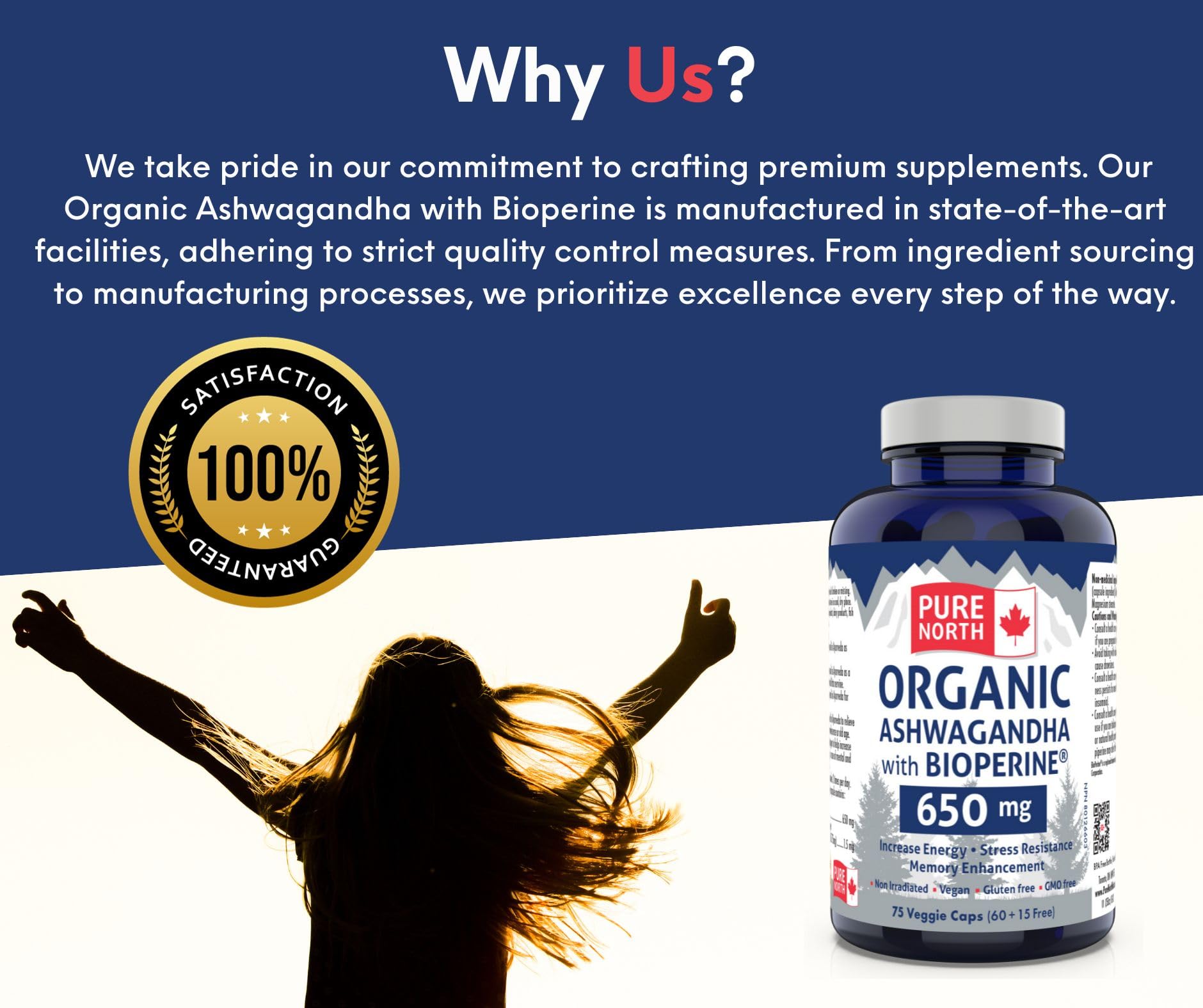Pure North Naturals - Ashwagandha Bio avec BioPerine, 75 gélules végétaliennes - Améliore l'énergie, les fonctions cognitives et la mémoire - Testé par une tierce partie - Formulé et fabriqué au Canada