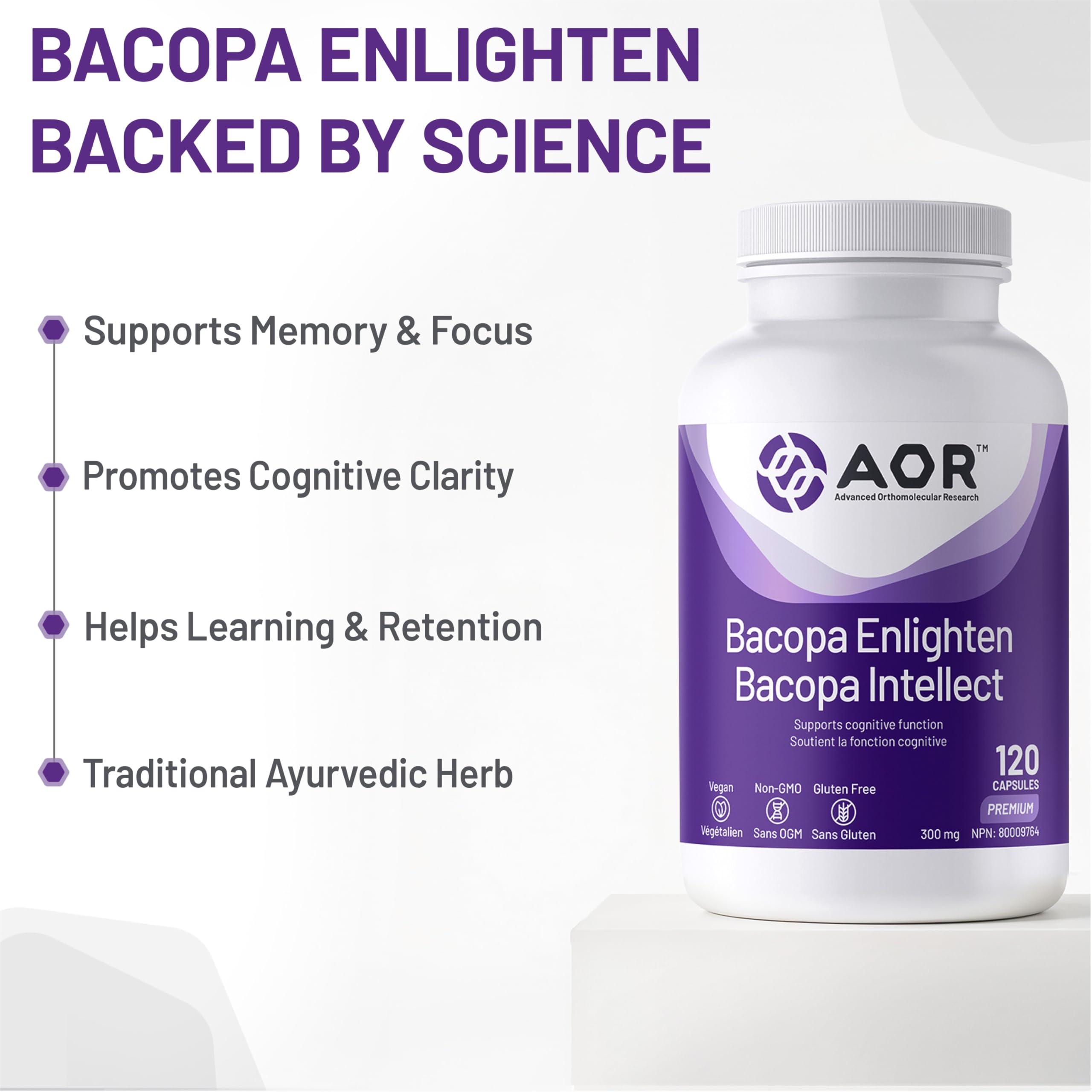 AOR Bacopa Enlighten 300mg - Supplément végétalien et sans gluten pour le soutien cognitif, la clarté mentale et la relaxation, extrait de Bacopa Monnieri, favorise la concentration et un sommeil réparateur